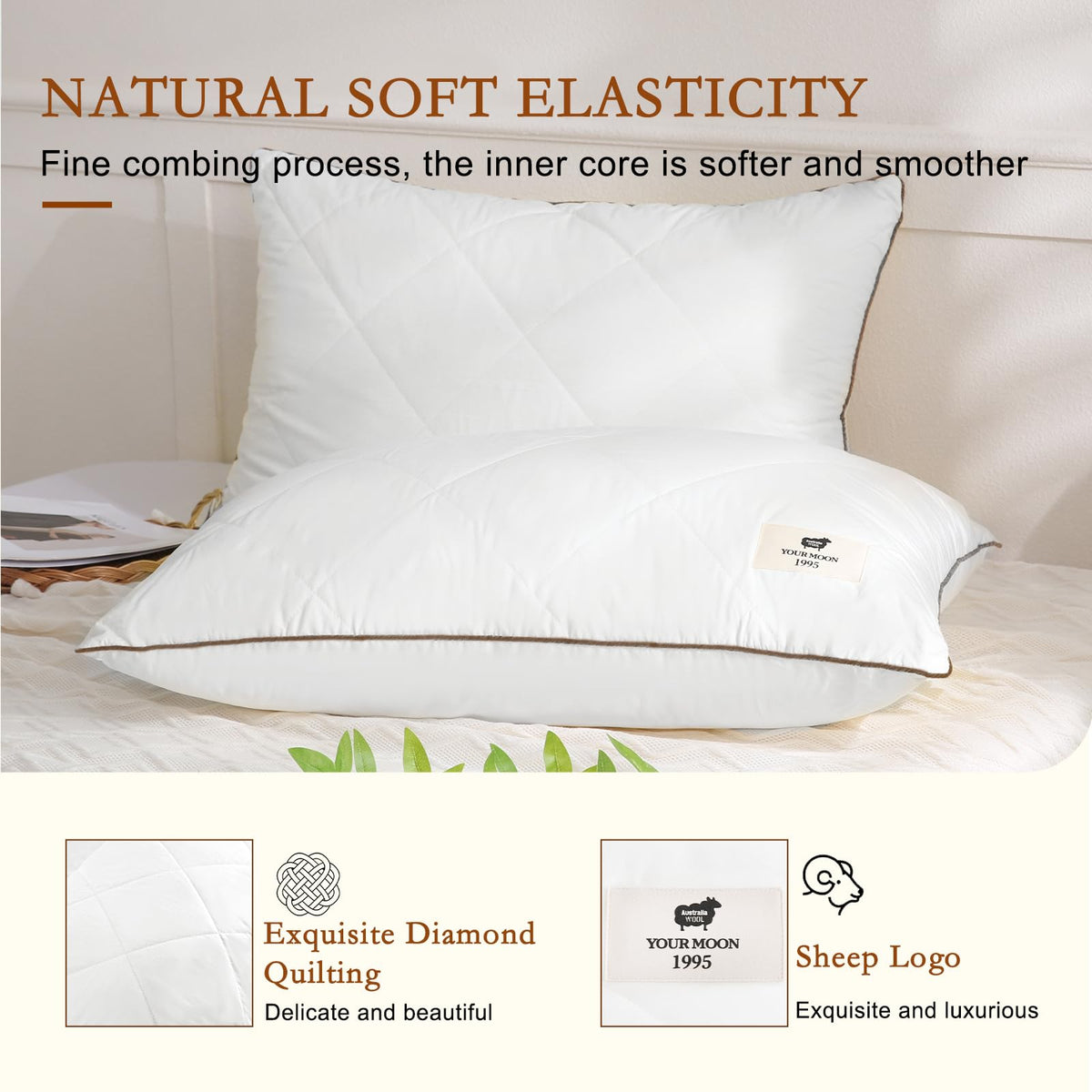 Soft Natural Wool Pillow King Size Set of 2 Cotton Cover O600712