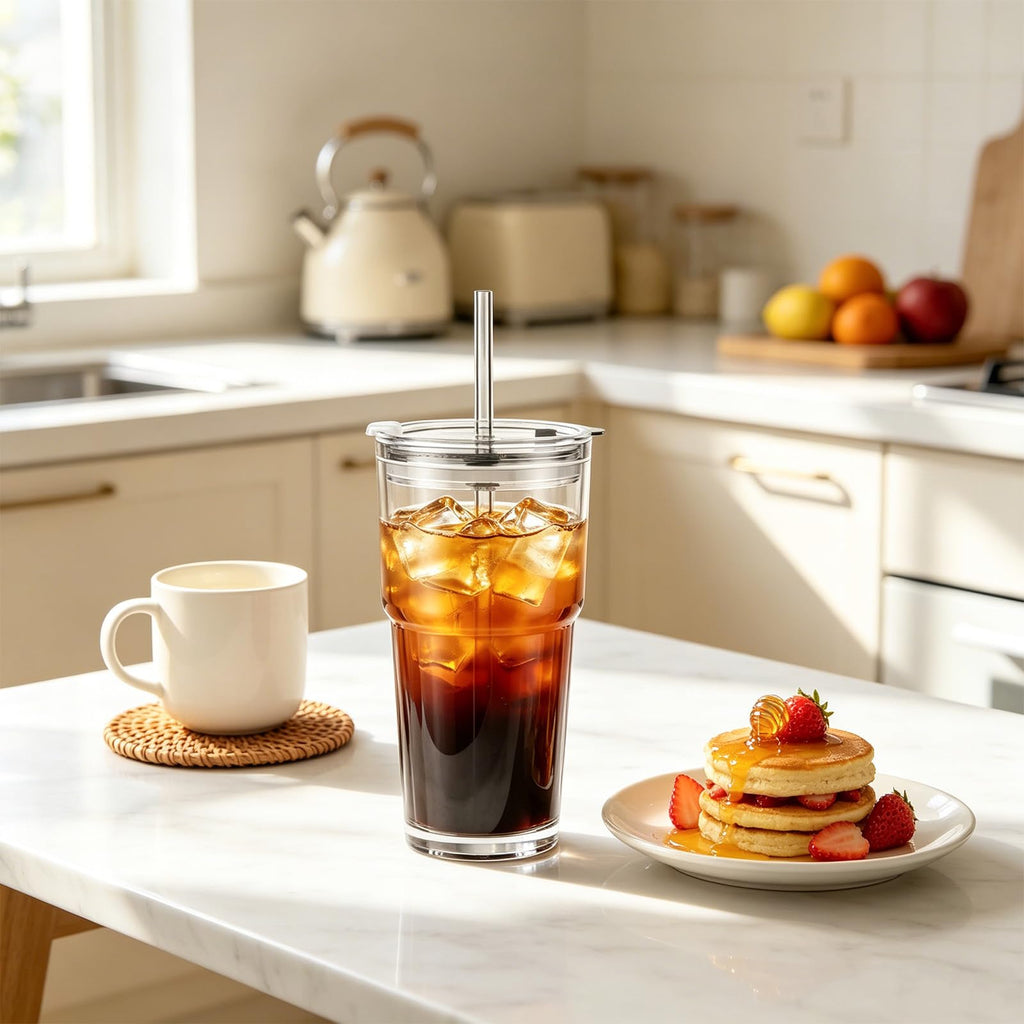 20 oz Iced Coffee Cups with Lids and Straw, Set of 4 Glass Tumbler U126