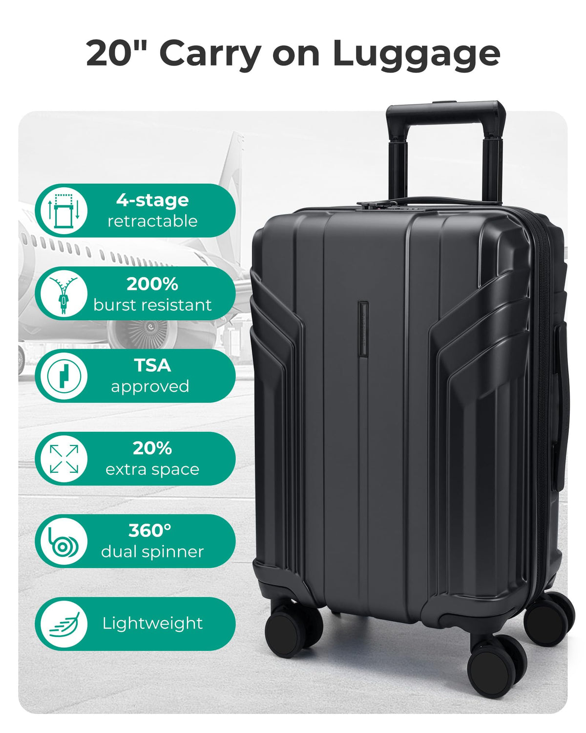 Expandable Carry On Luggage 22x14x9 Black Z99100