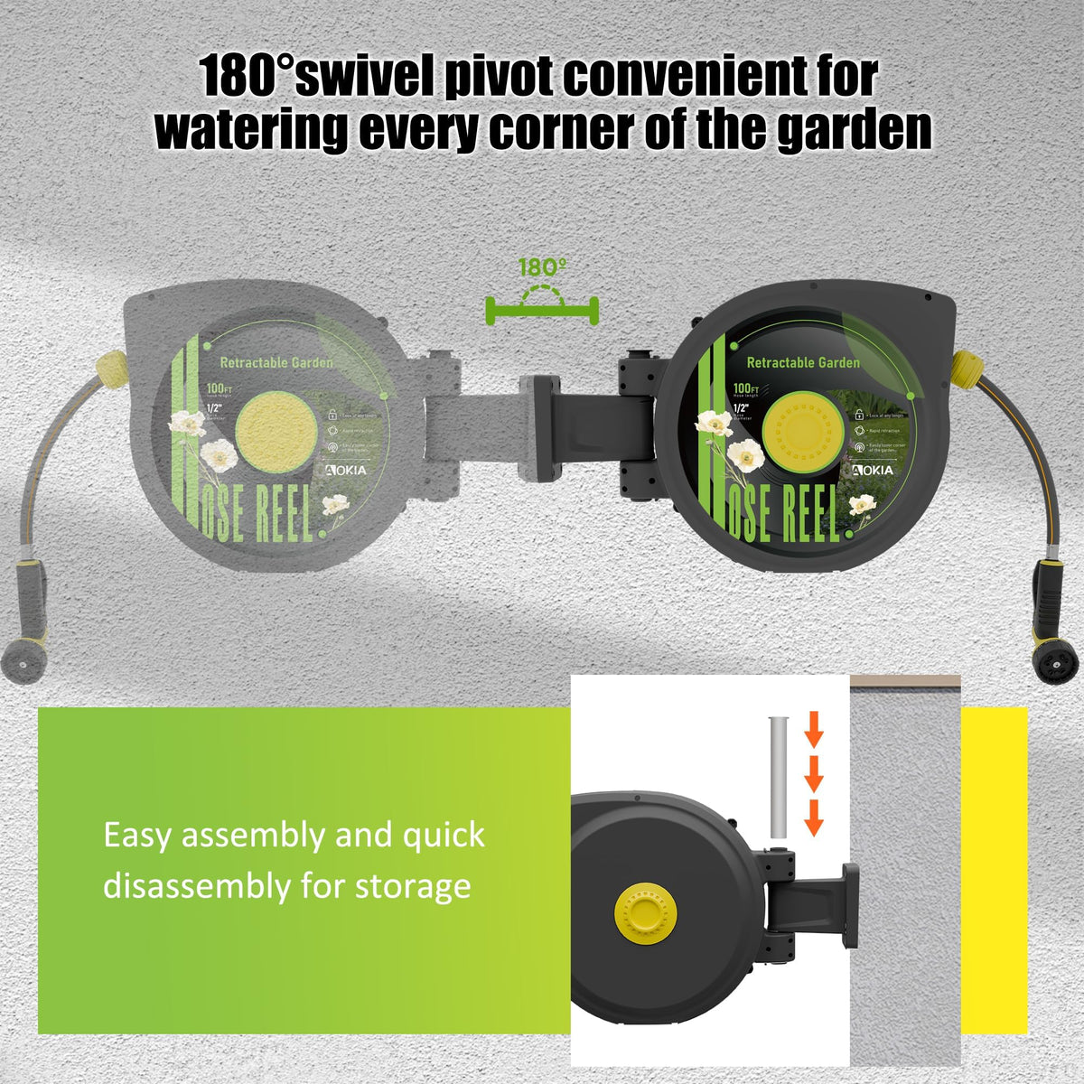 Retractable Garden Hose Reel, 1/2 in x 100 ft Wall Mounted Heavy Duty with 9 Patterns Nozzle Q4552