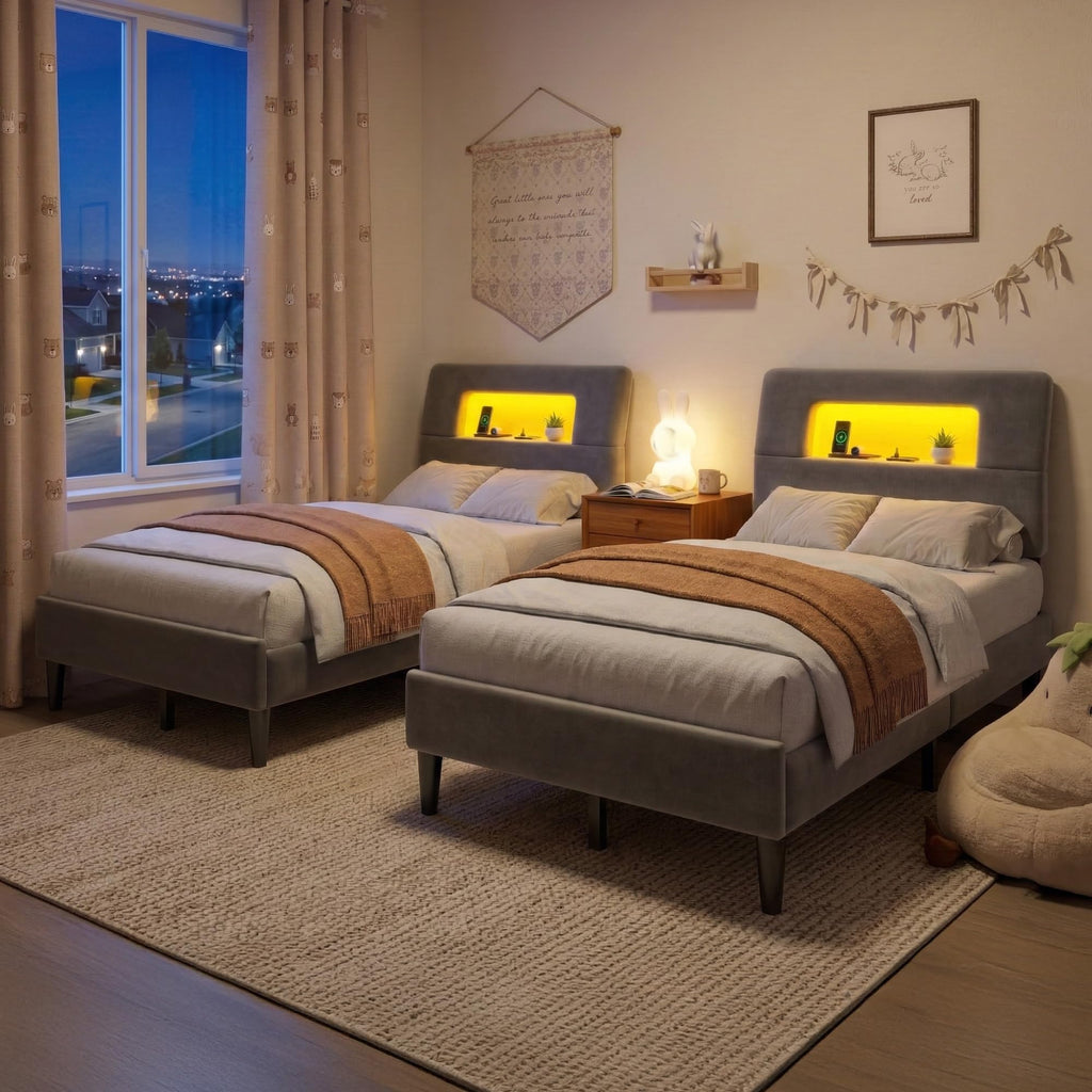 Twin Upholstered Bed Frame with Storage Headboard E665