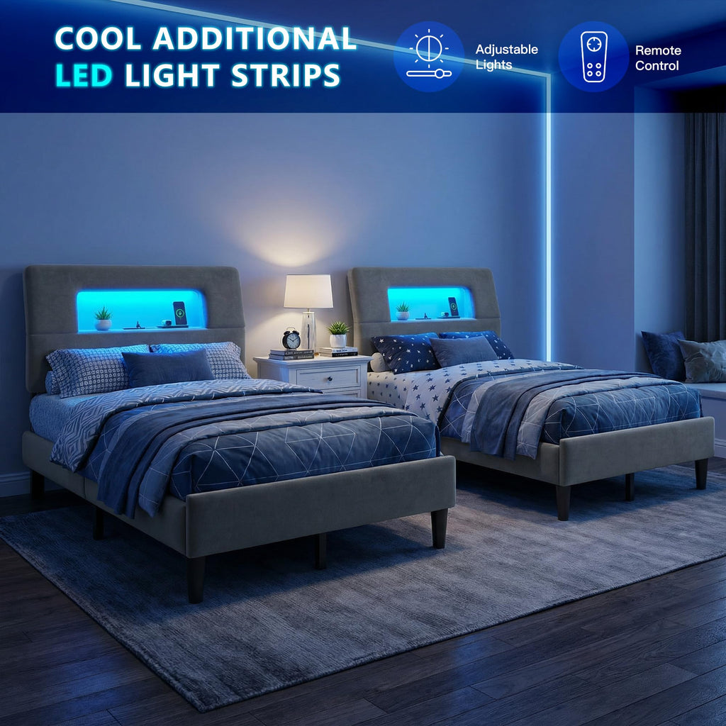 Twin Upholstered Bed Frame with Storage Headboard E665