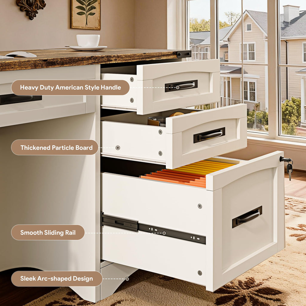 White Wood Executive Desk with Drawers and File Cabinet E764