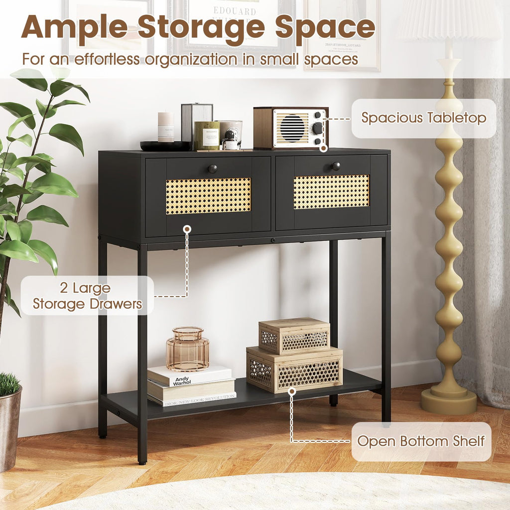 Rattan Console Table with Two Drawers and Open Storage Shelf M150