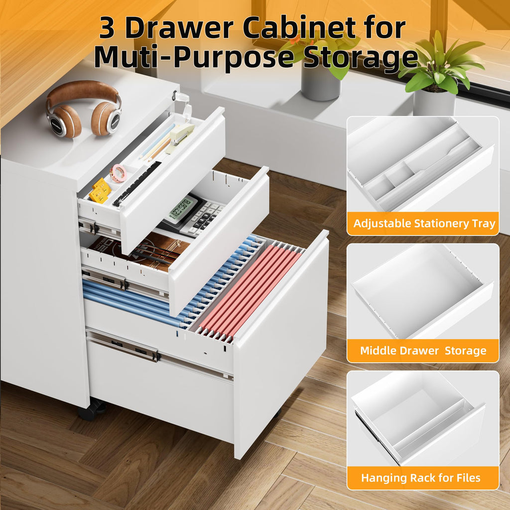 White 3 Drawer Filing Cabinet with Lock T644