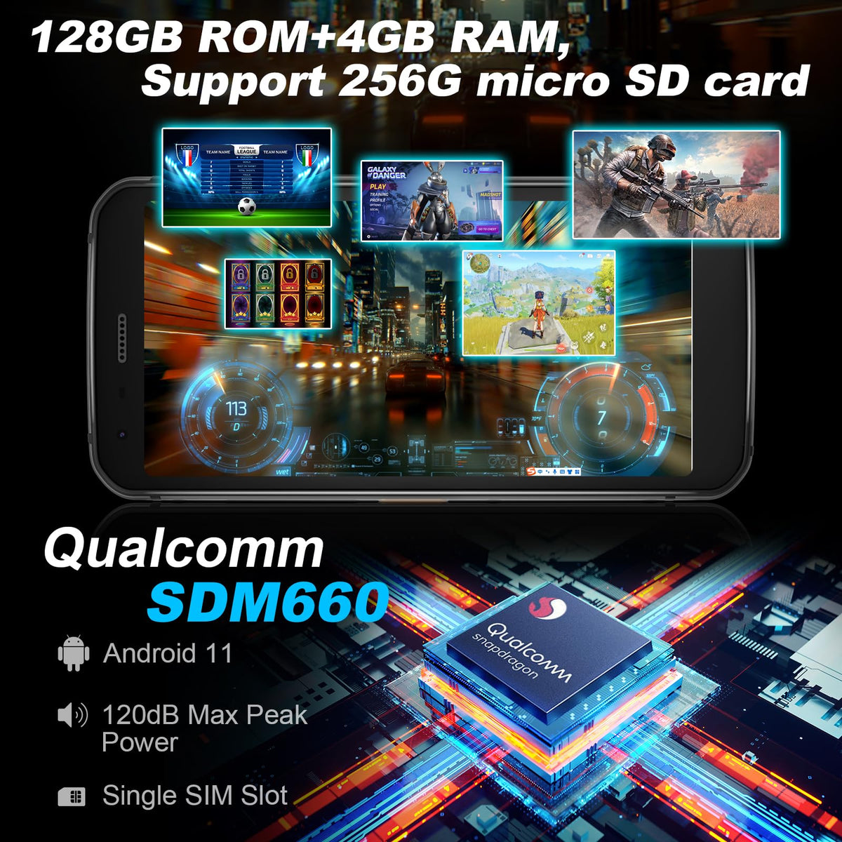 Unlocked Rugged Cell Phone 128GB IP68 Waterproof Android Smartphone Black M8892