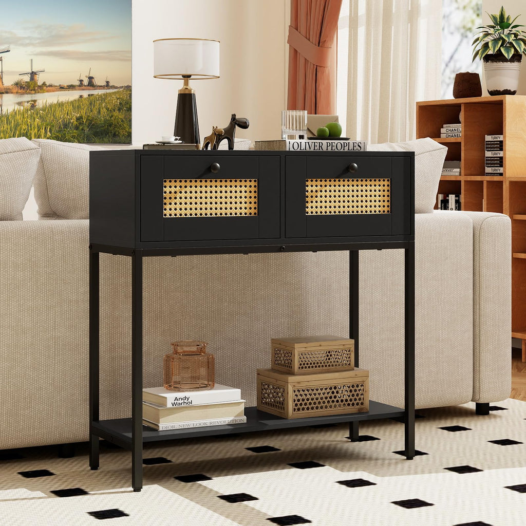 Rattan Console Table with Two Drawers and Open Storage Shelf M150