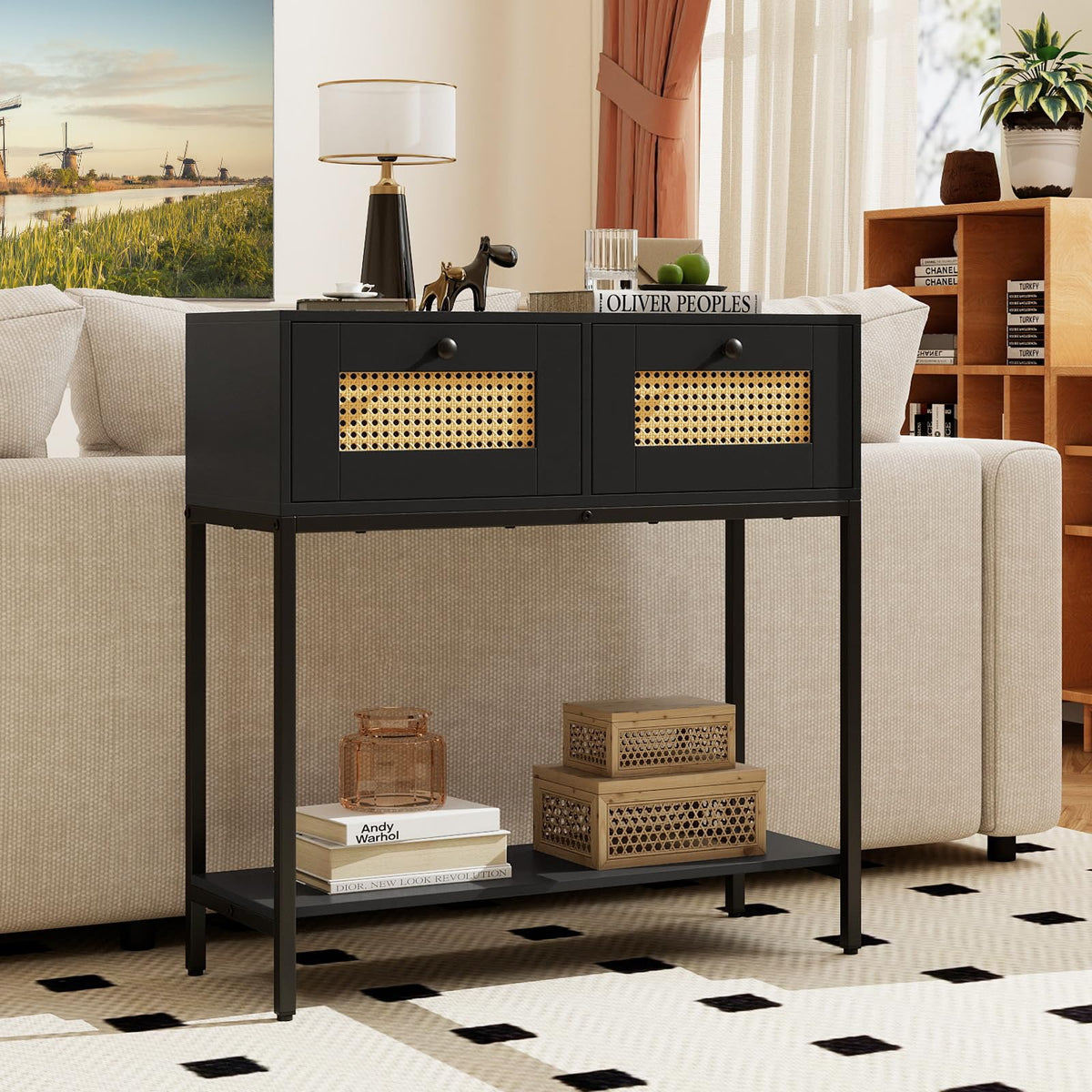 Rattan Console Table with Two Drawers and Open Storage Shelf M150