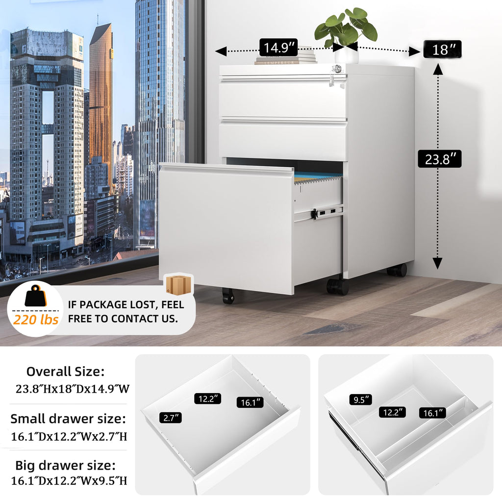 White 3 Drawer Filing Cabinet with Lock T644