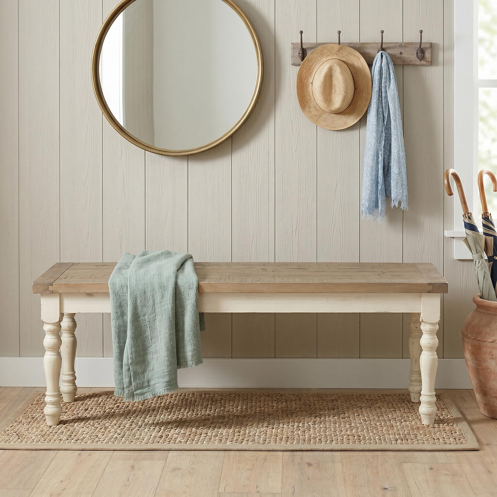 Antique White Two-Tone Oak Wood Dining Bench H295076