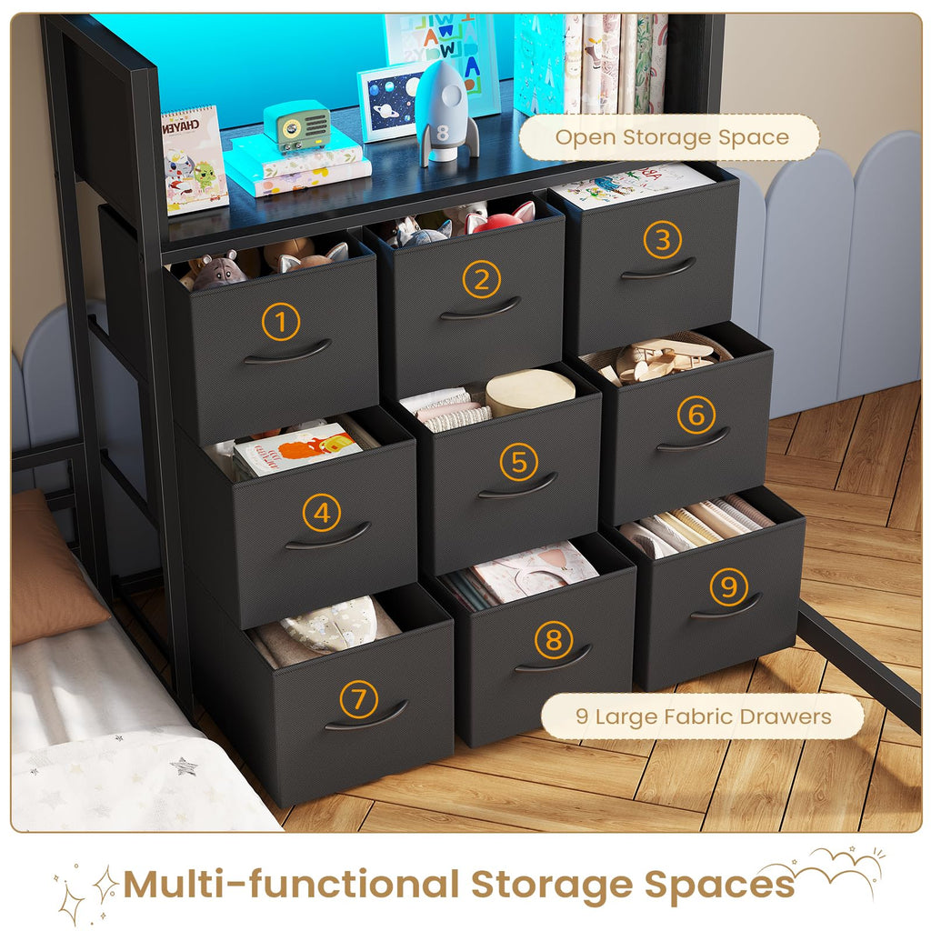Twin Over Twin L-Shaped Bunk Bed with 9 Storage Drawers, LED Lights, Guardrail & Ladder, Black F2471