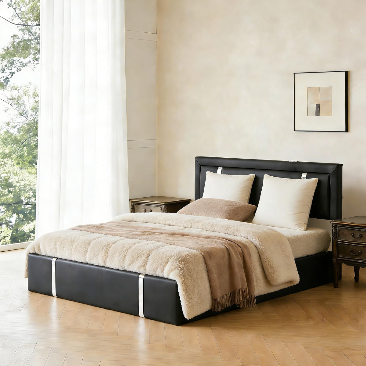 Black Faux Leather Upholstered Full Size Bed Frame with LED Headboard and USB Ports X225