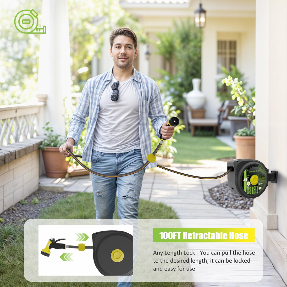 Retractable Garden Hose Reel, 1/2 in x 100 ft Wall Mounted Heavy Duty with 9 Patterns Nozzle Q4552