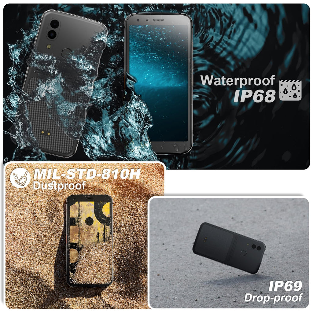 Unlocked Rugged Cell Phone 128GB IP68 Waterproof Android Smartphone Black M8892