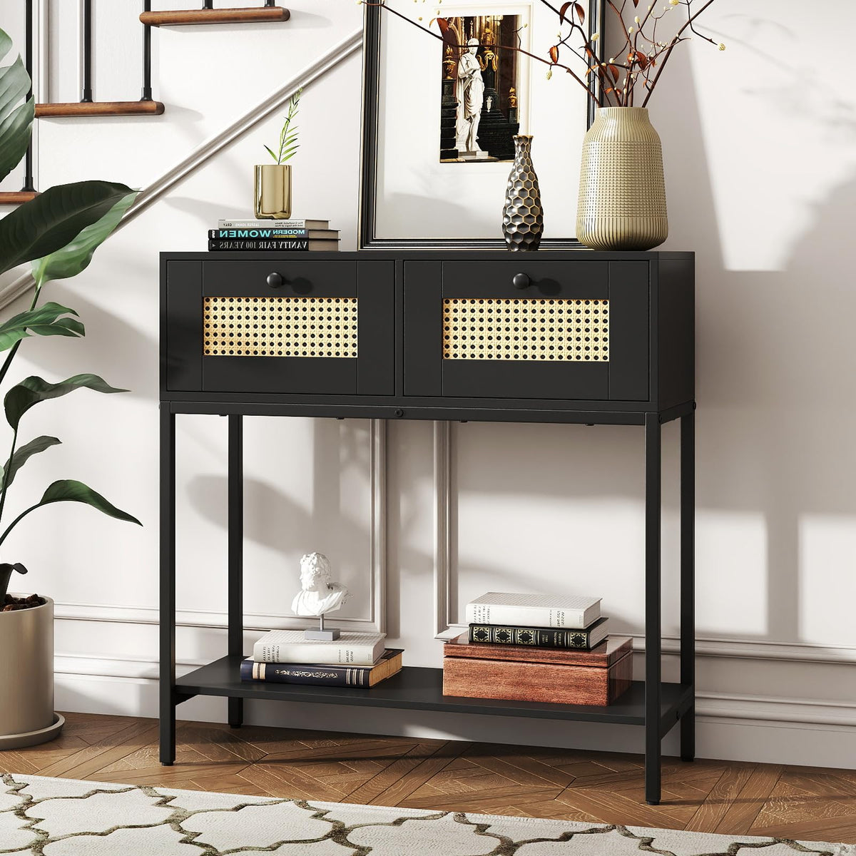 Rattan Console Table with Two Drawers and Open Storage Shelf M150