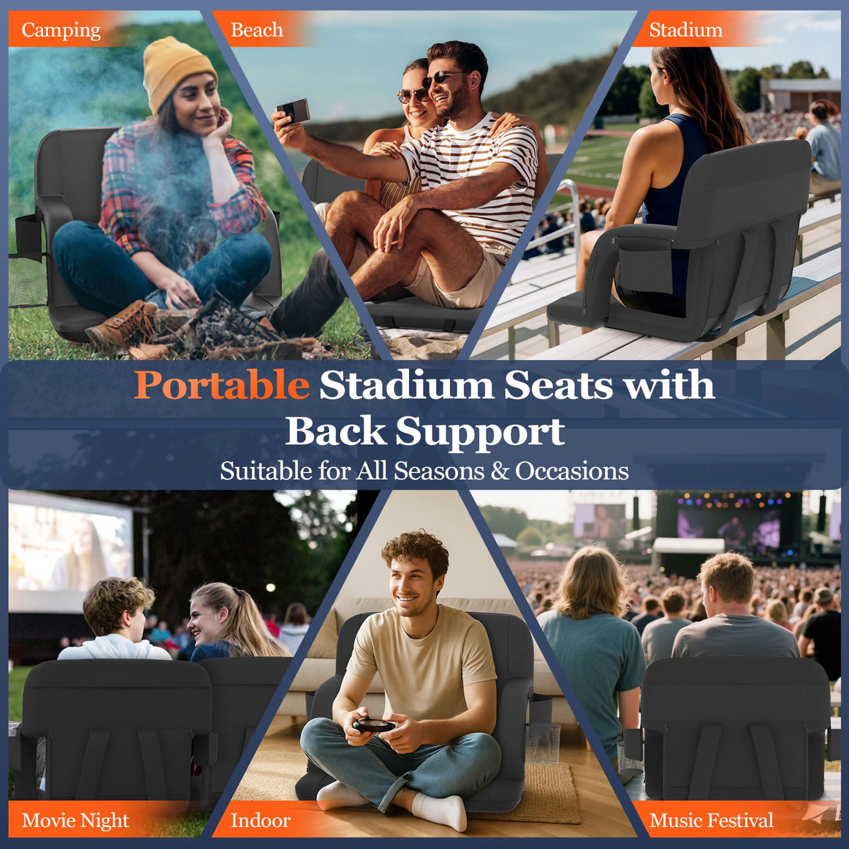 2pc Black Heated Stadium Seats with Back Support C545