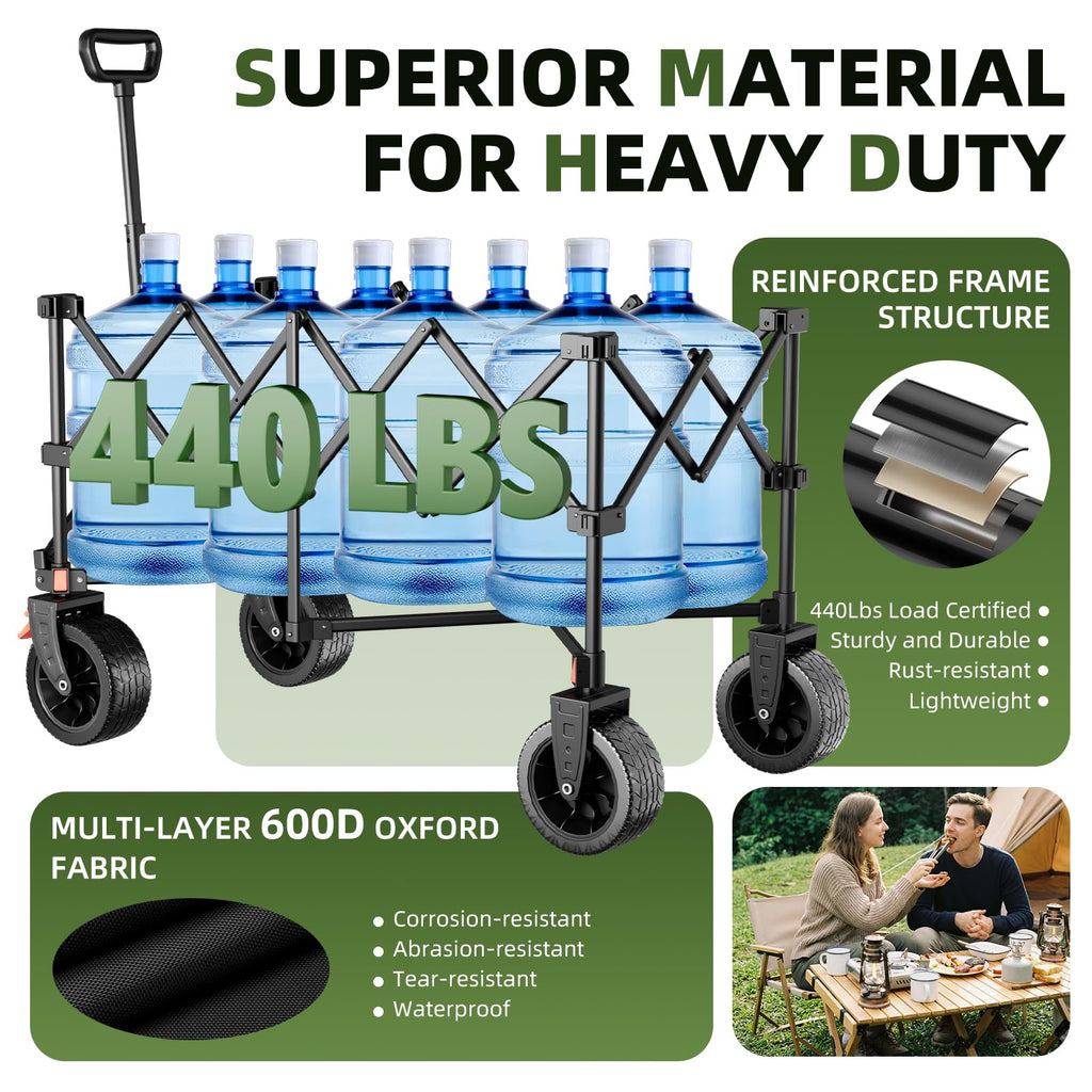 38" Collapsible Extended Wagon, 440lbs Capacity, 220L Heavy Duty Folding Cart, Black L71455