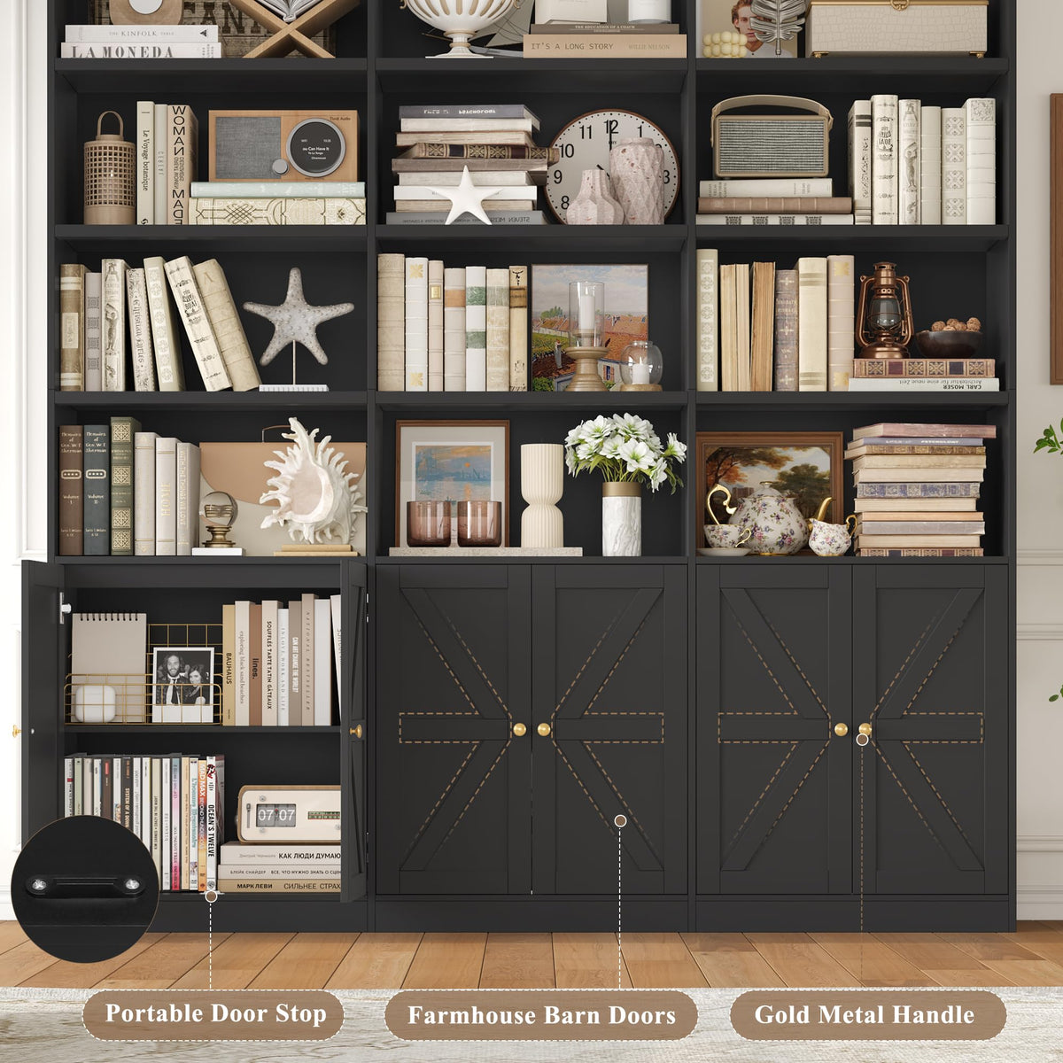 75" Tall Black Bookshelf with 6 Doors E66506