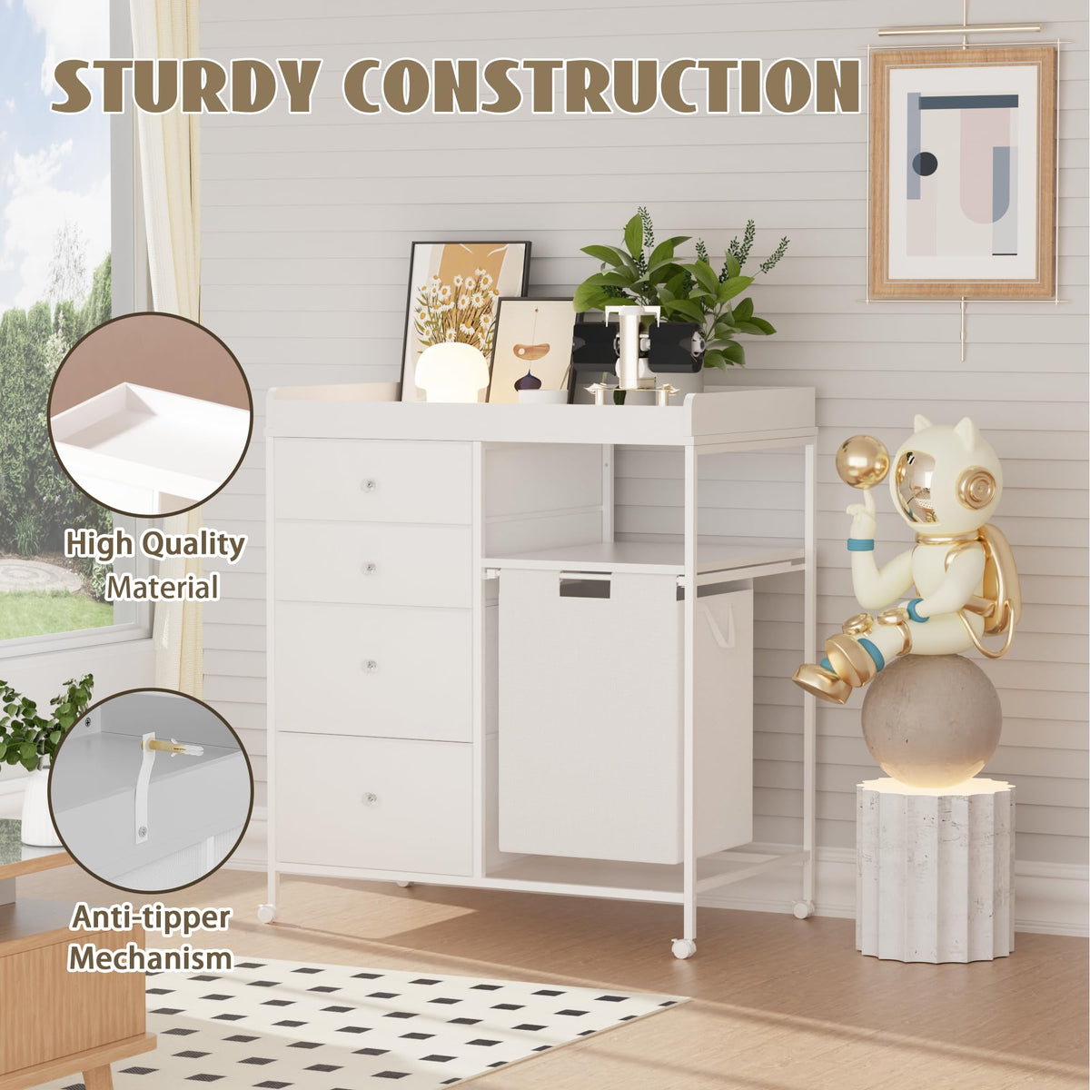 White 4 Drawer Changing Table Dresser with Laundry Hamper O49737