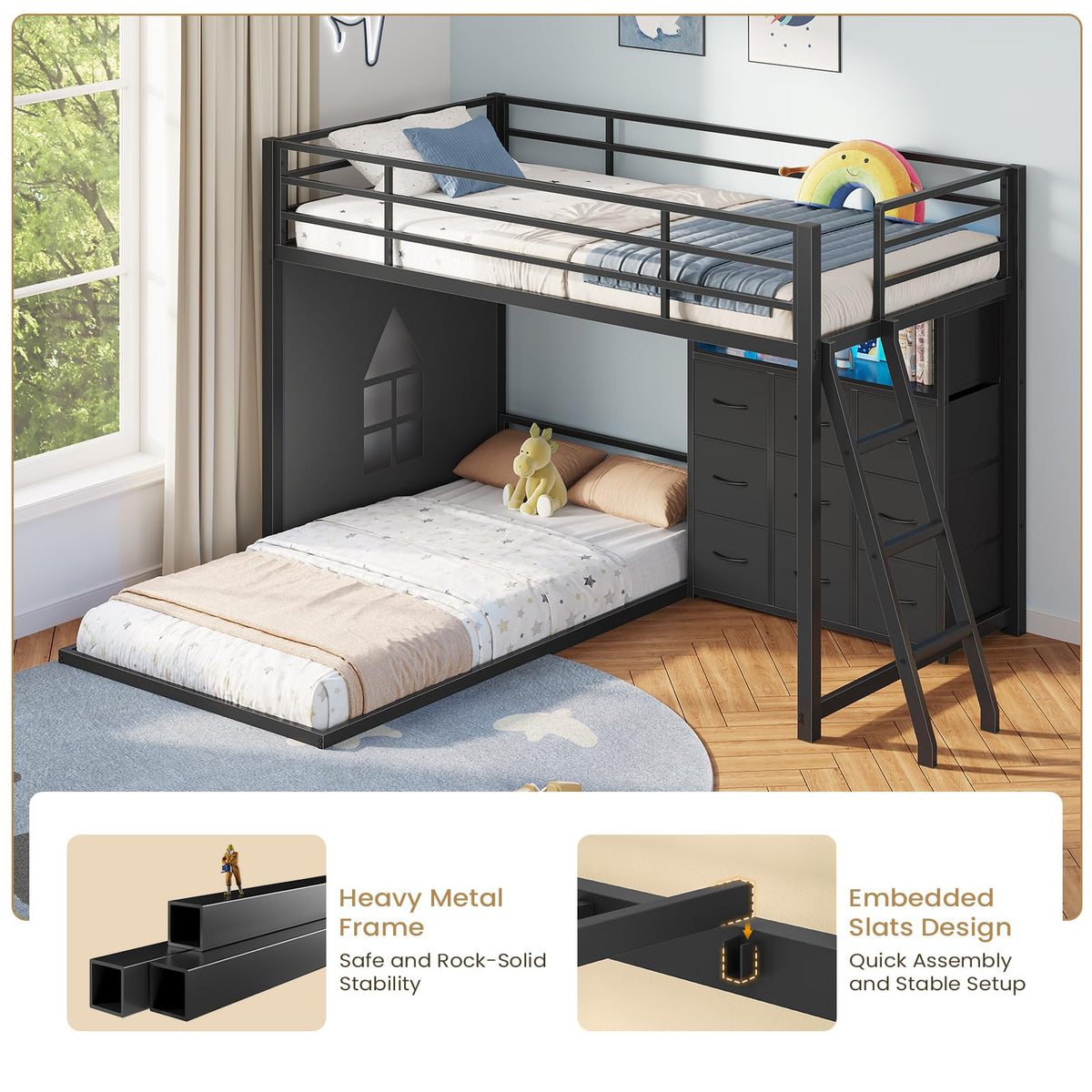 Twin Over Twin L-Shaped Bunk Bed with 9 Storage Drawers, LED Lights, Guardrail & Ladder, Black F2471