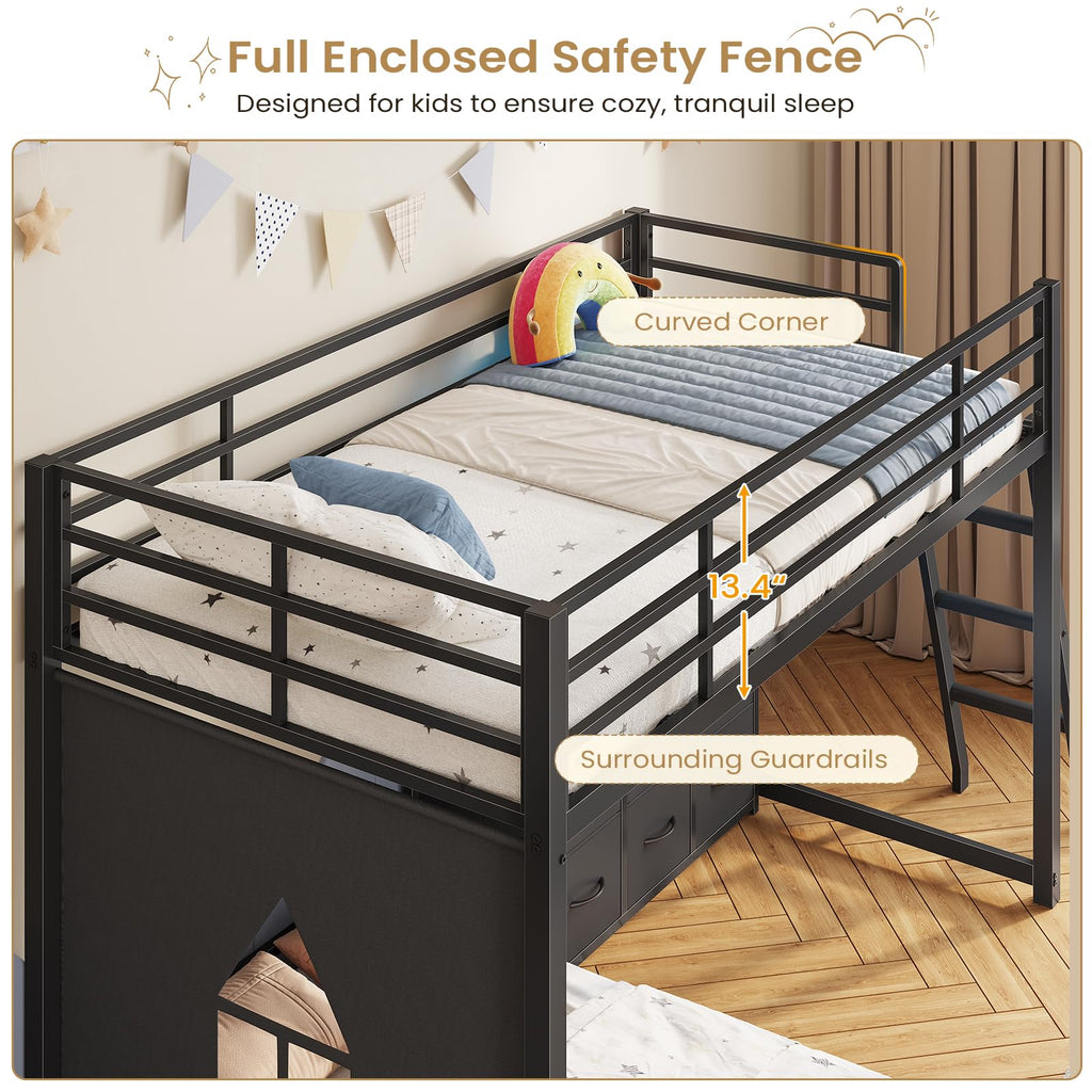 Twin Over Twin L-Shaped Bunk Bed with 9 Storage Drawers, LED Lights, Guardrail & Ladder, Black F2471