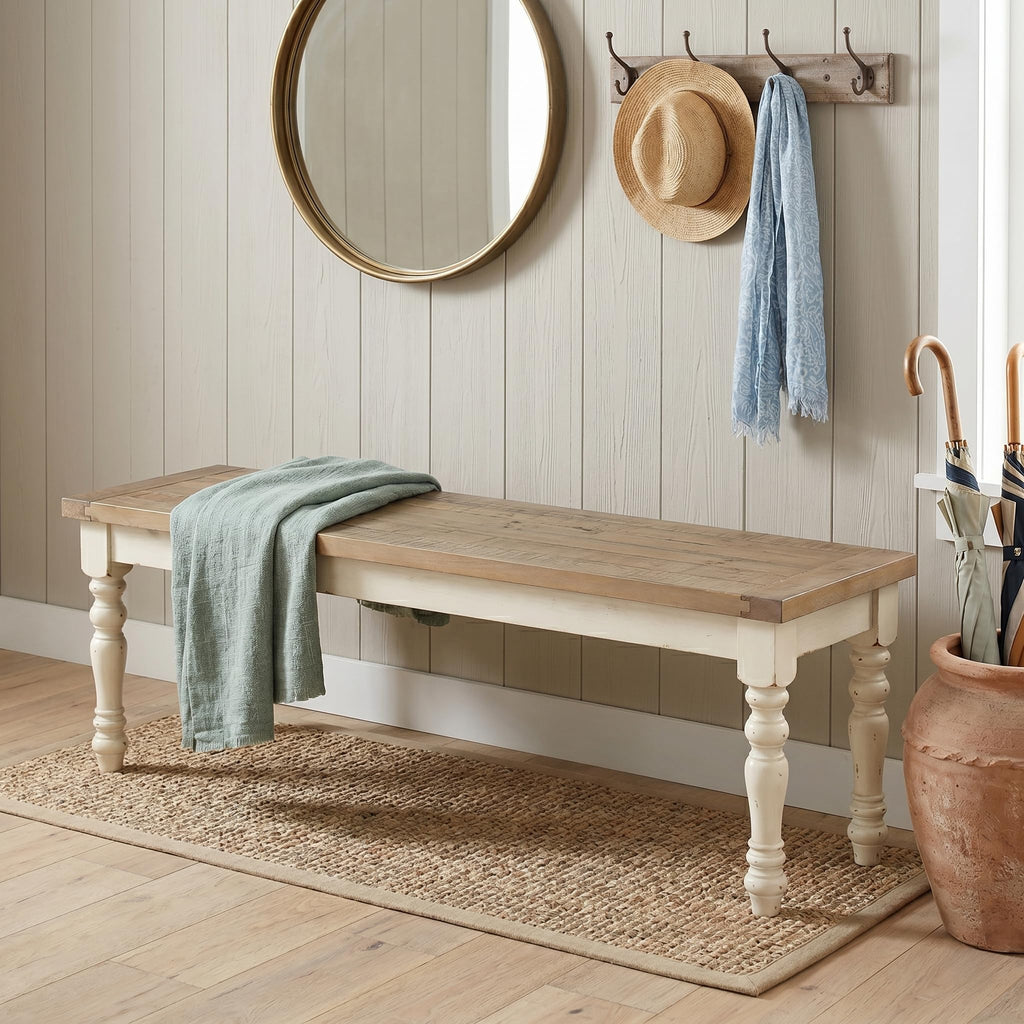 Antique White Two-Tone Oak Wood Dining Bench H295076