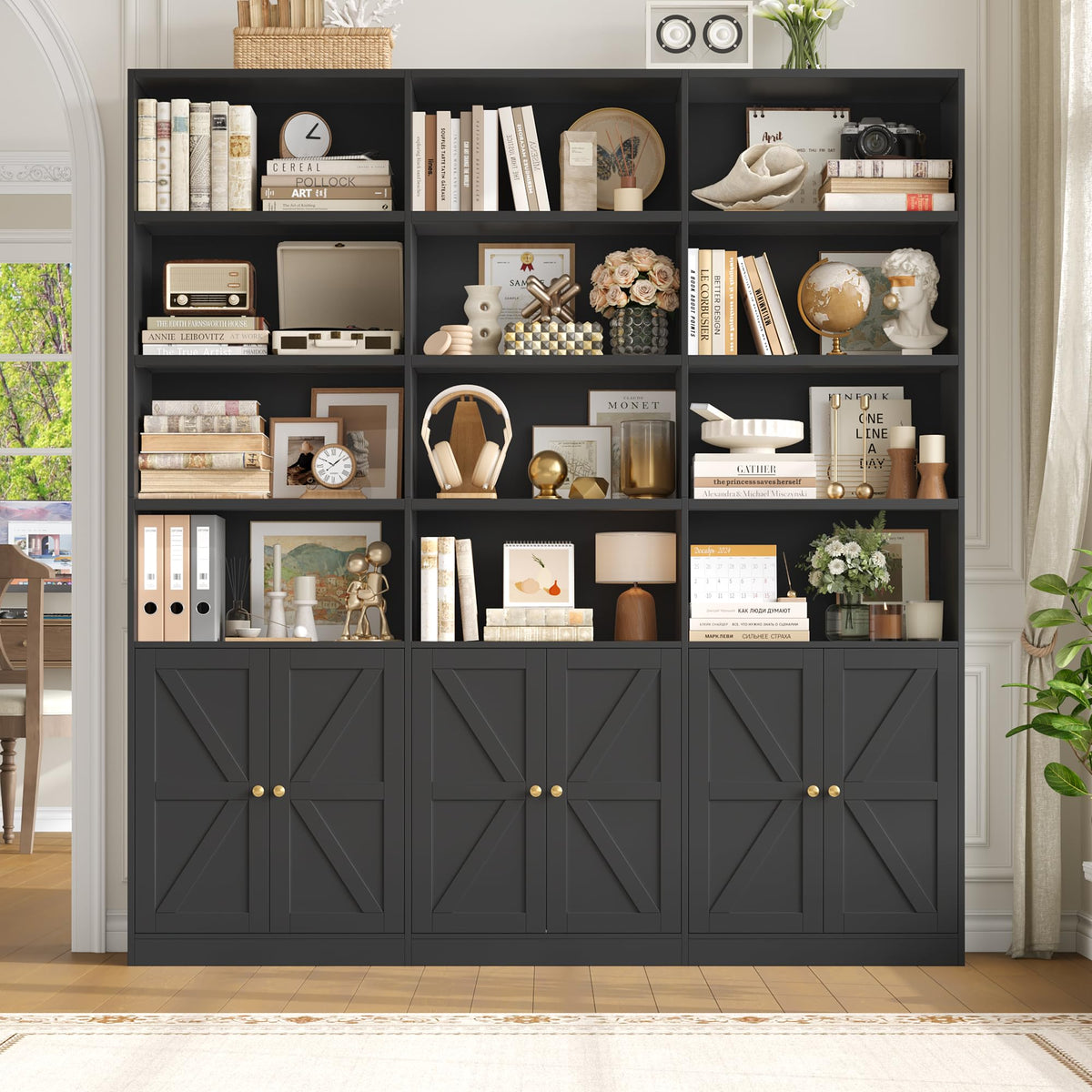 75" Tall Black Bookshelf with 6 Doors E66506
