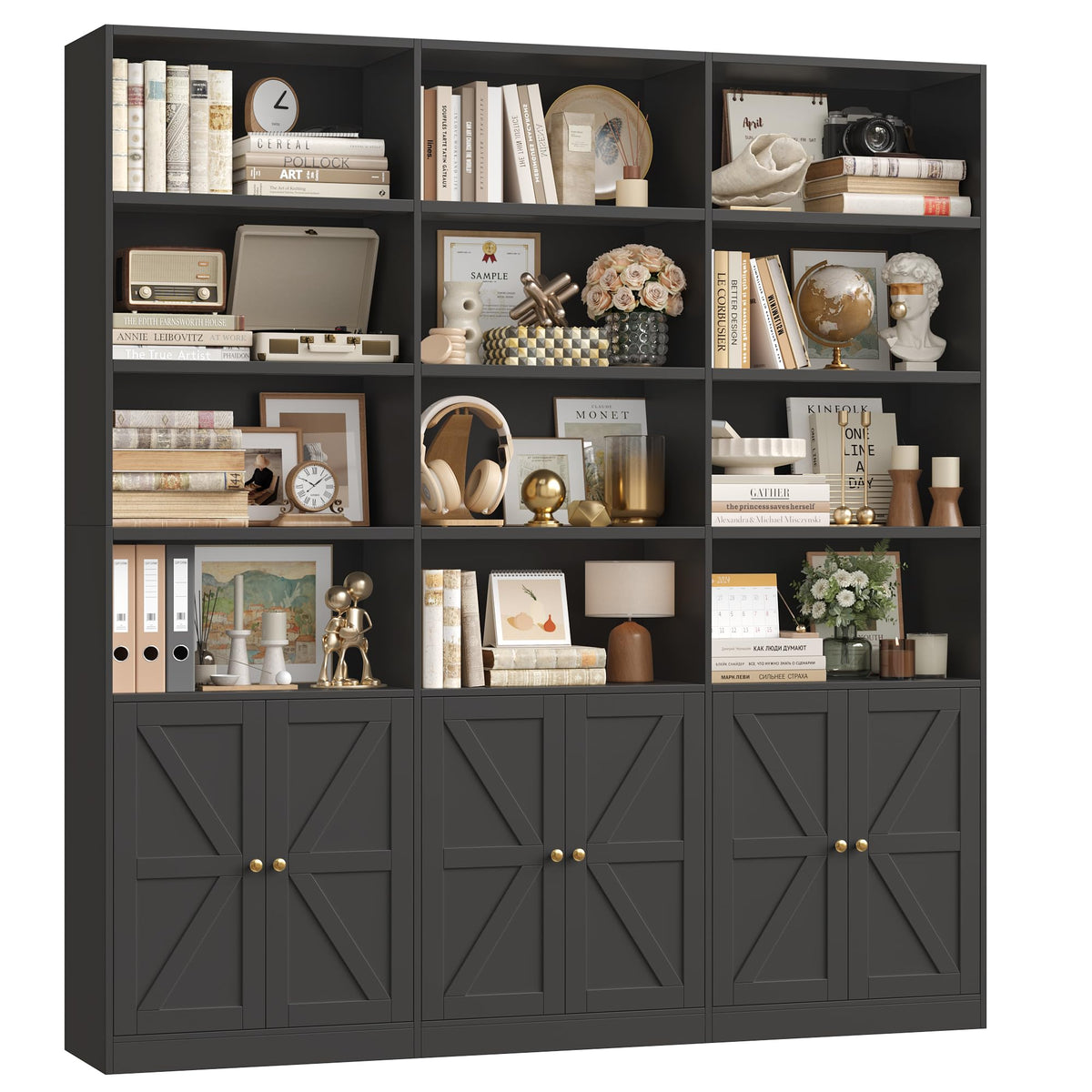 75" Tall Black Bookshelf with 6 Doors E66506
