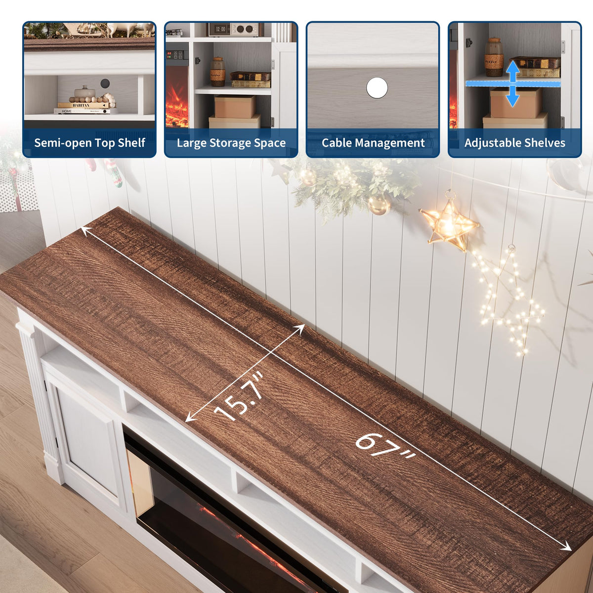 66 Inch White & Brown Two-Tone Fireplace TV Stand E900