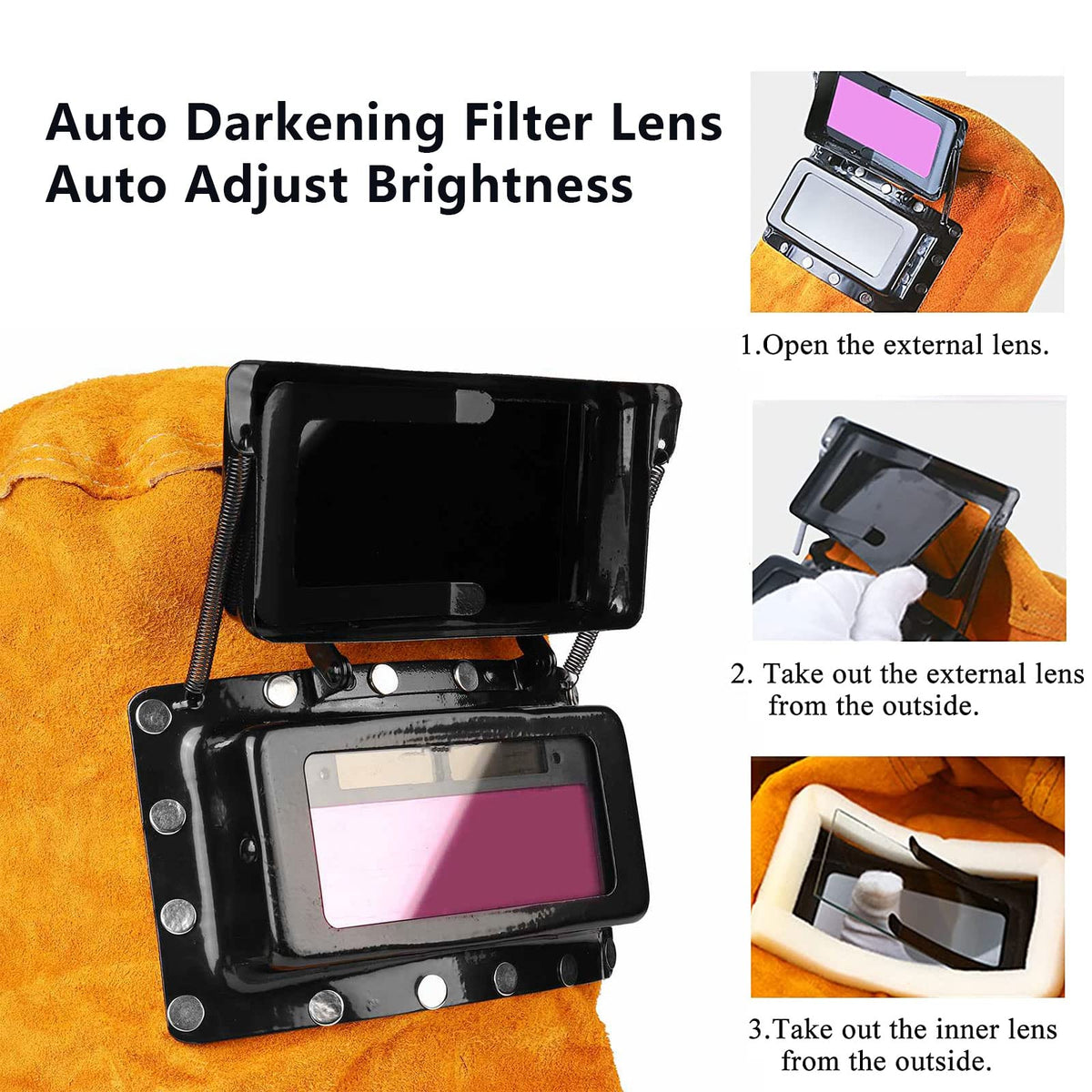 Cowhide Leather Welding Hood with Auto Darkening Filter E6652