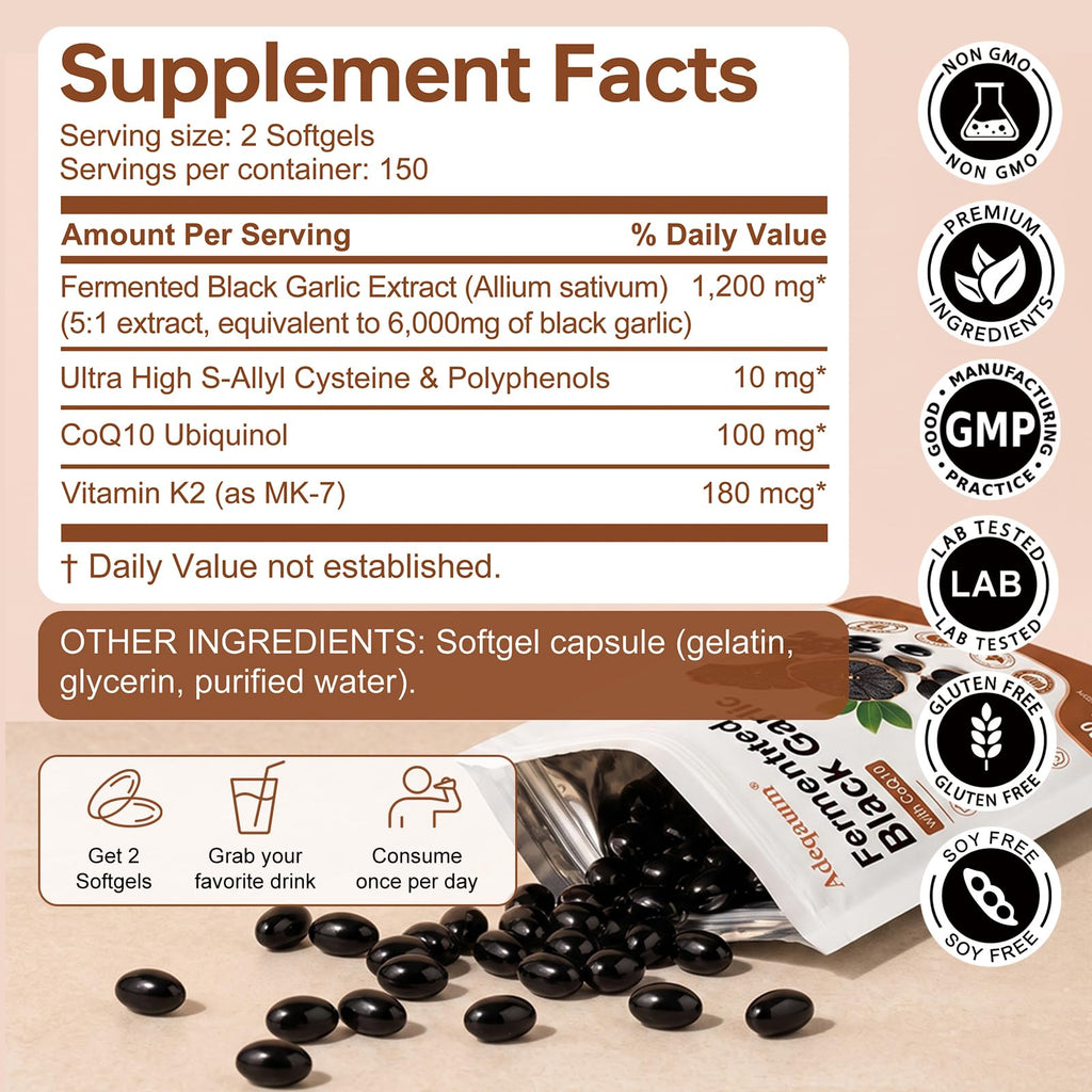 Black Aged Garlic Extract with CoQ10 Ubiquinol & Vitamin K2, 300 Softgels S3473