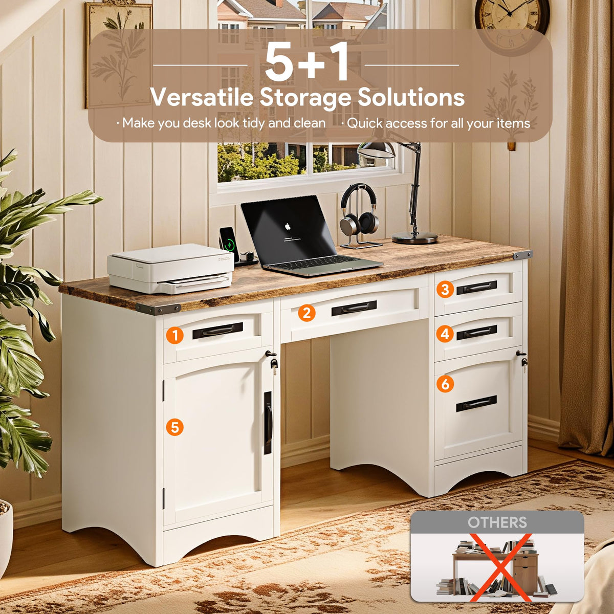 White Wood Executive Desk with Drawers and File Cabinet E764
