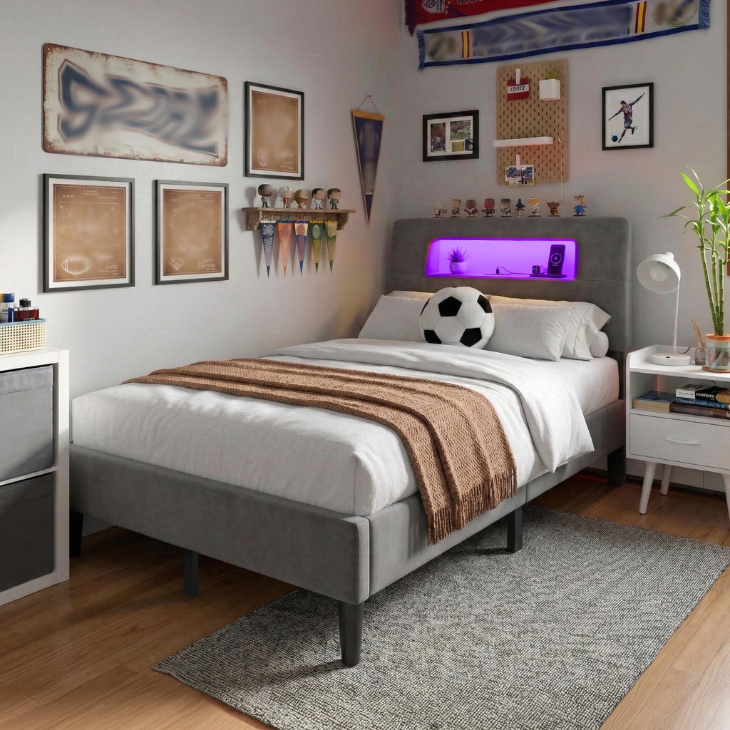 Twin Upholstered Bed Frame with Storage Headboard E665