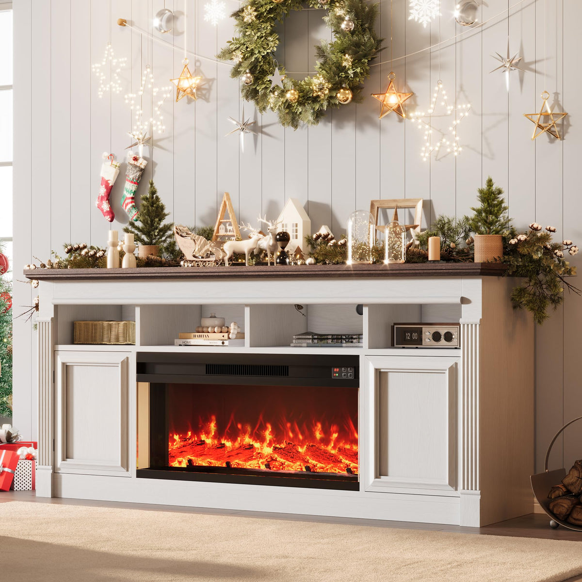 66 Inch White & Brown Two-Tone Fireplace TV Stand E900