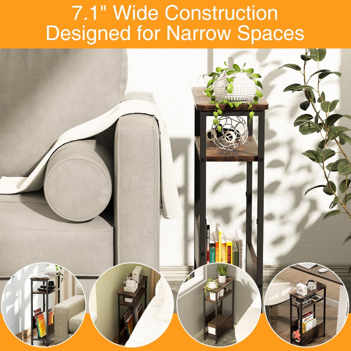 7.1" Narrow 3 Tier Side Table with Magazine Holder Q106