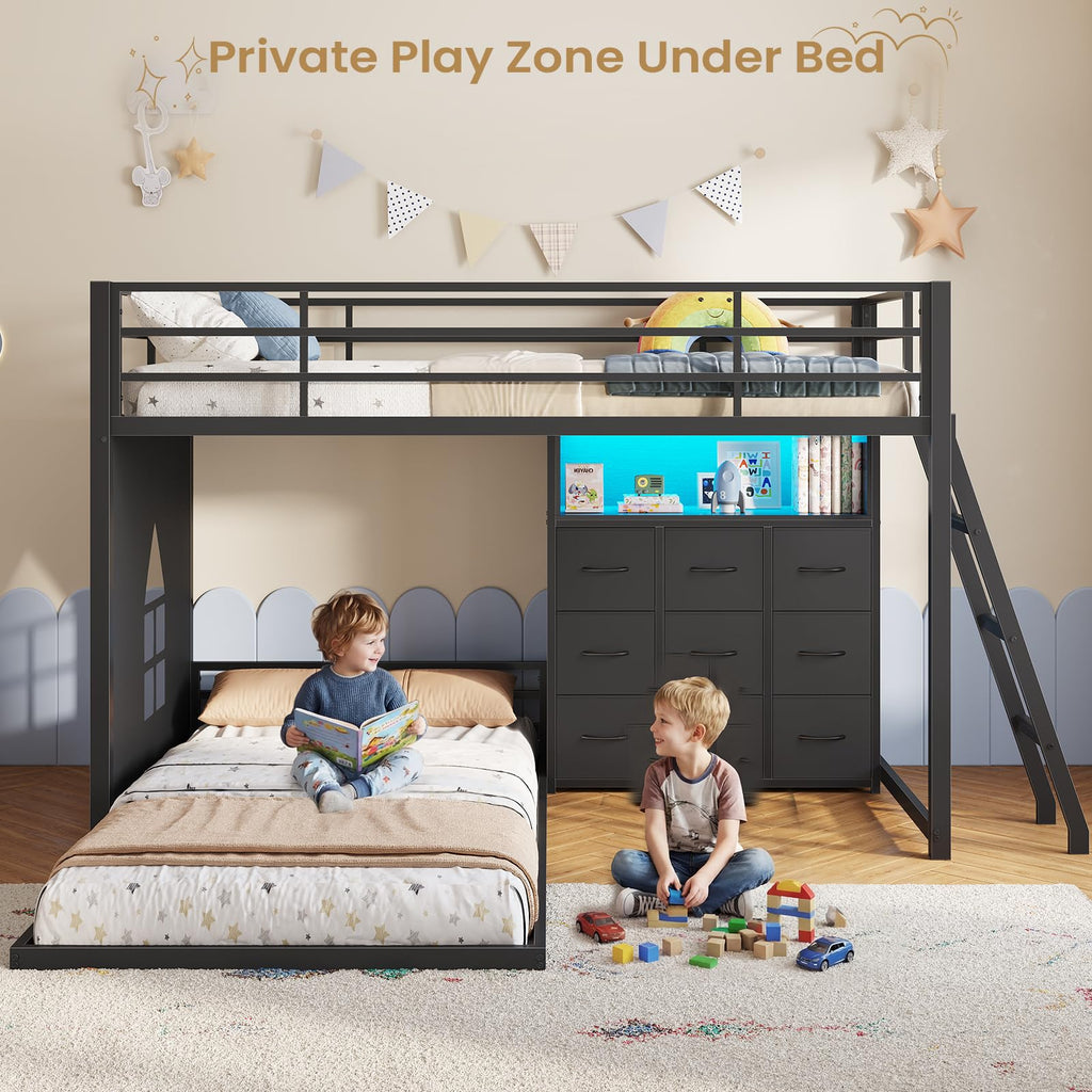 Twin Over Twin L-Shaped Bunk Bed with 9 Storage Drawers, LED Lights, Guardrail & Ladder, Black F2471