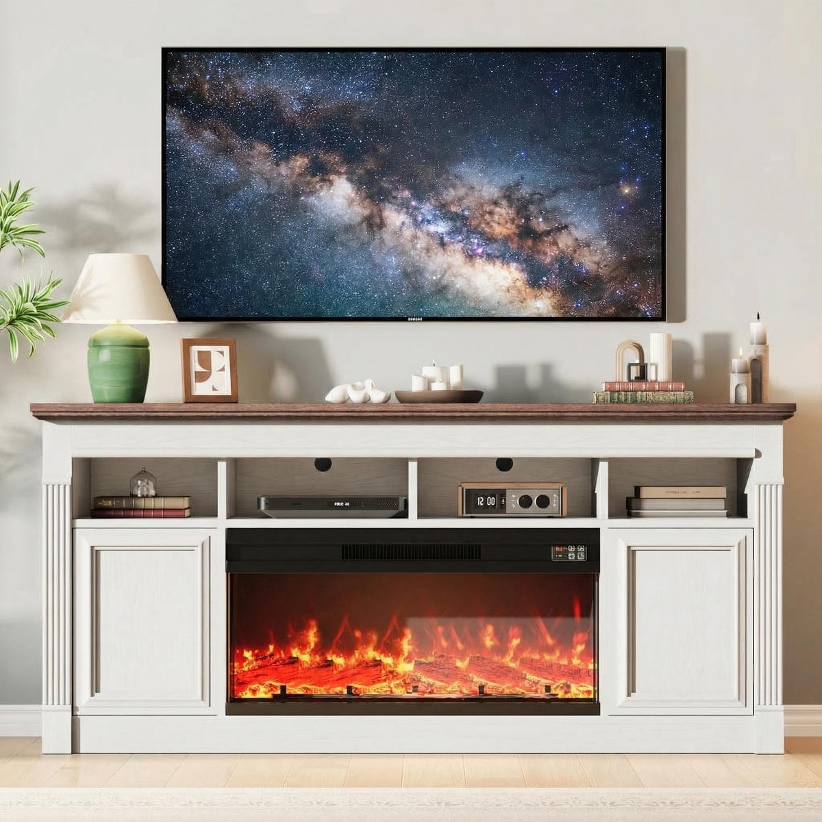 66 Inch White & Brown Two-Tone Fireplace TV Stand E900