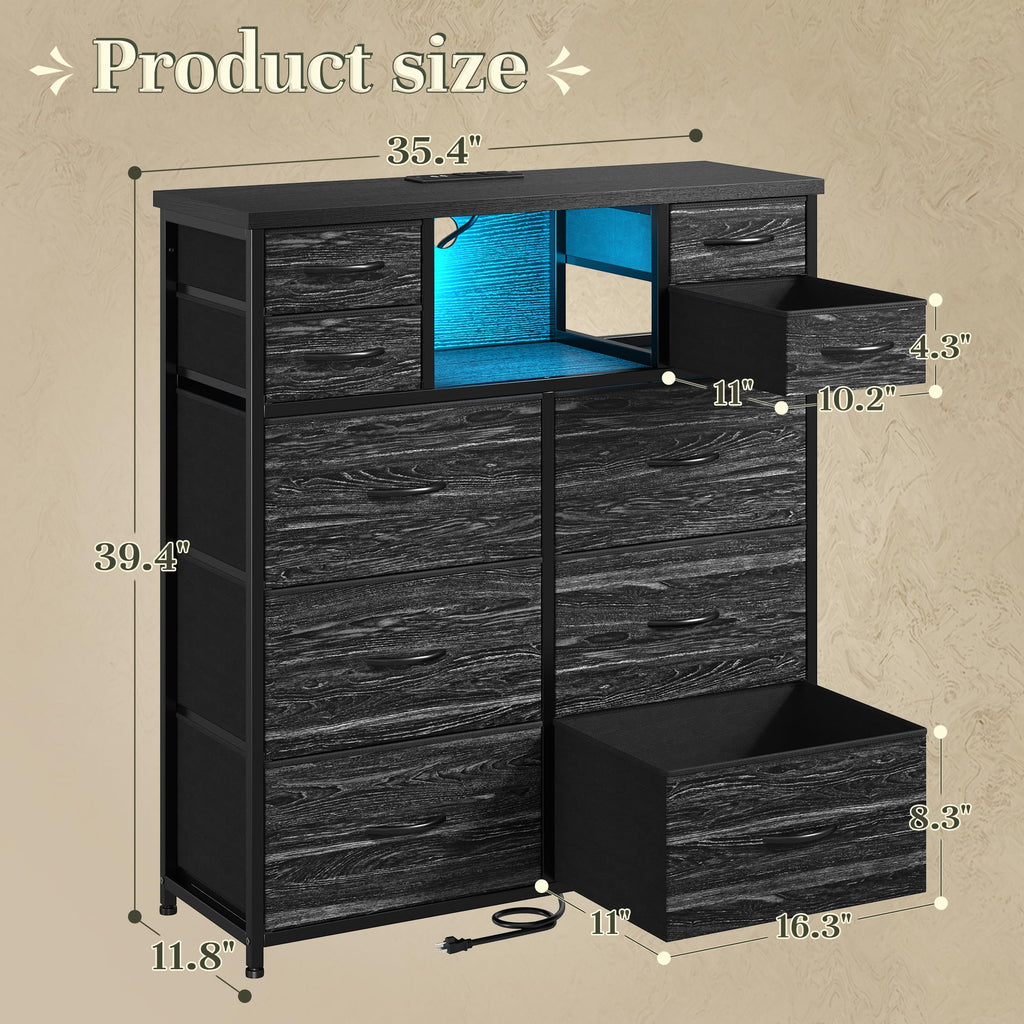 Black 10 Drawer Dresser with Charging Station I913