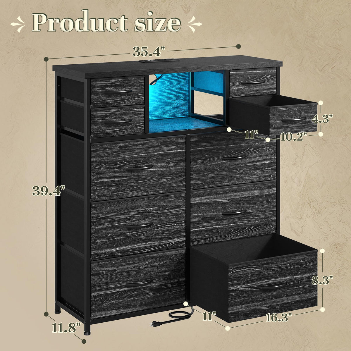 Black 10 Drawer Dresser with Charging Station I913