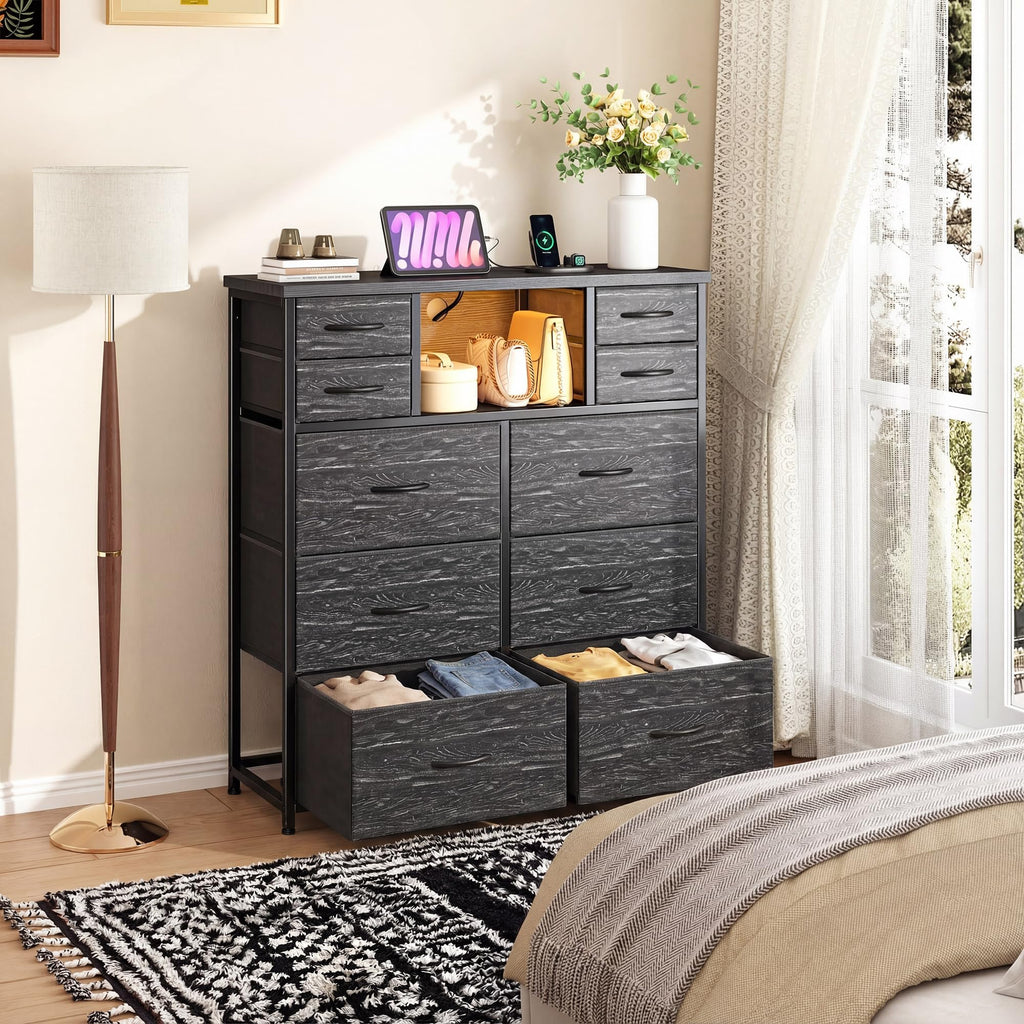 Black 10 Drawer Dresser with Charging Station I913
