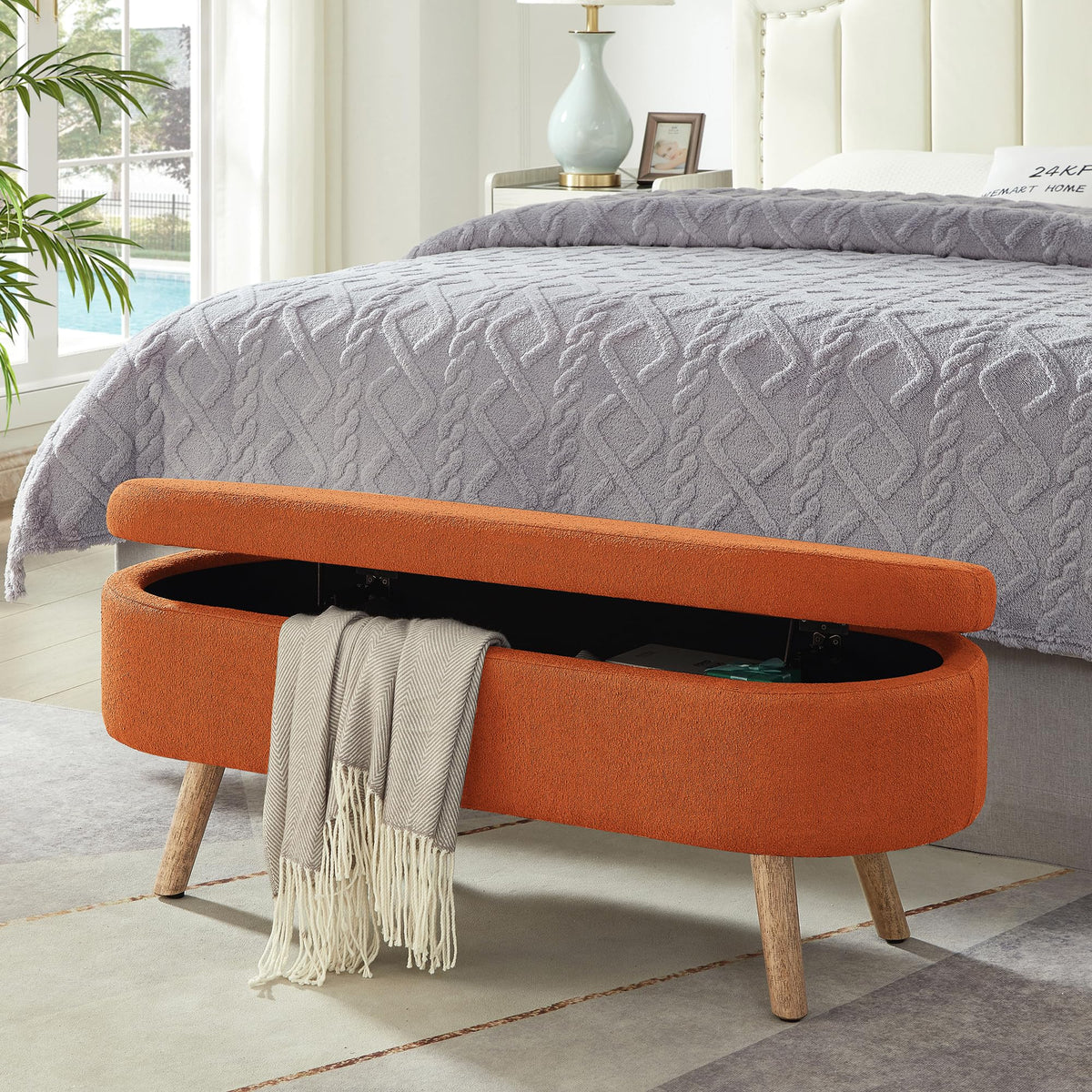 42" Oval Boucle Tufted Storage Ottoman Bench with Solid Wood Legs Q923306