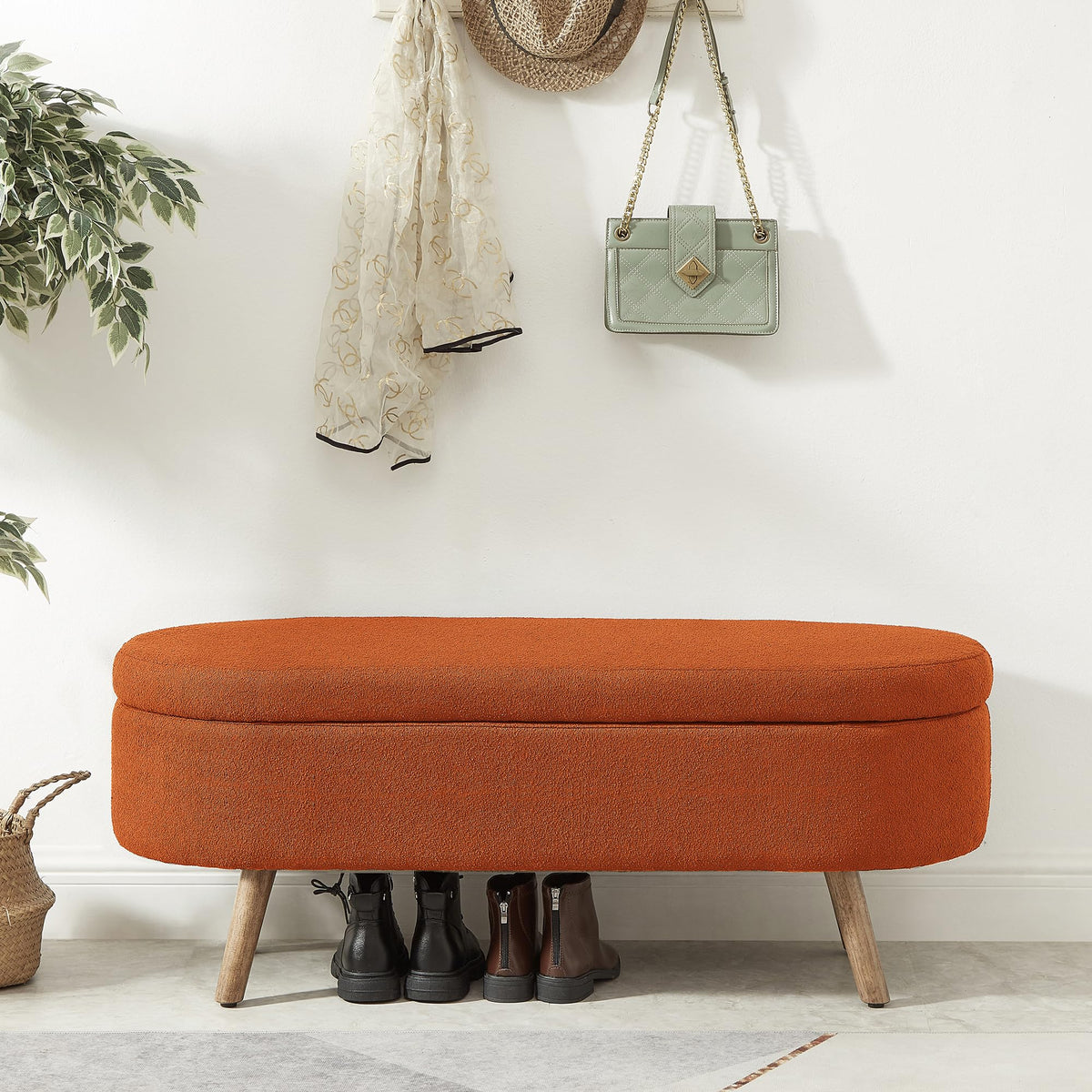 42" Oval Boucle Tufted Storage Ottoman Bench with Solid Wood Legs Q923306