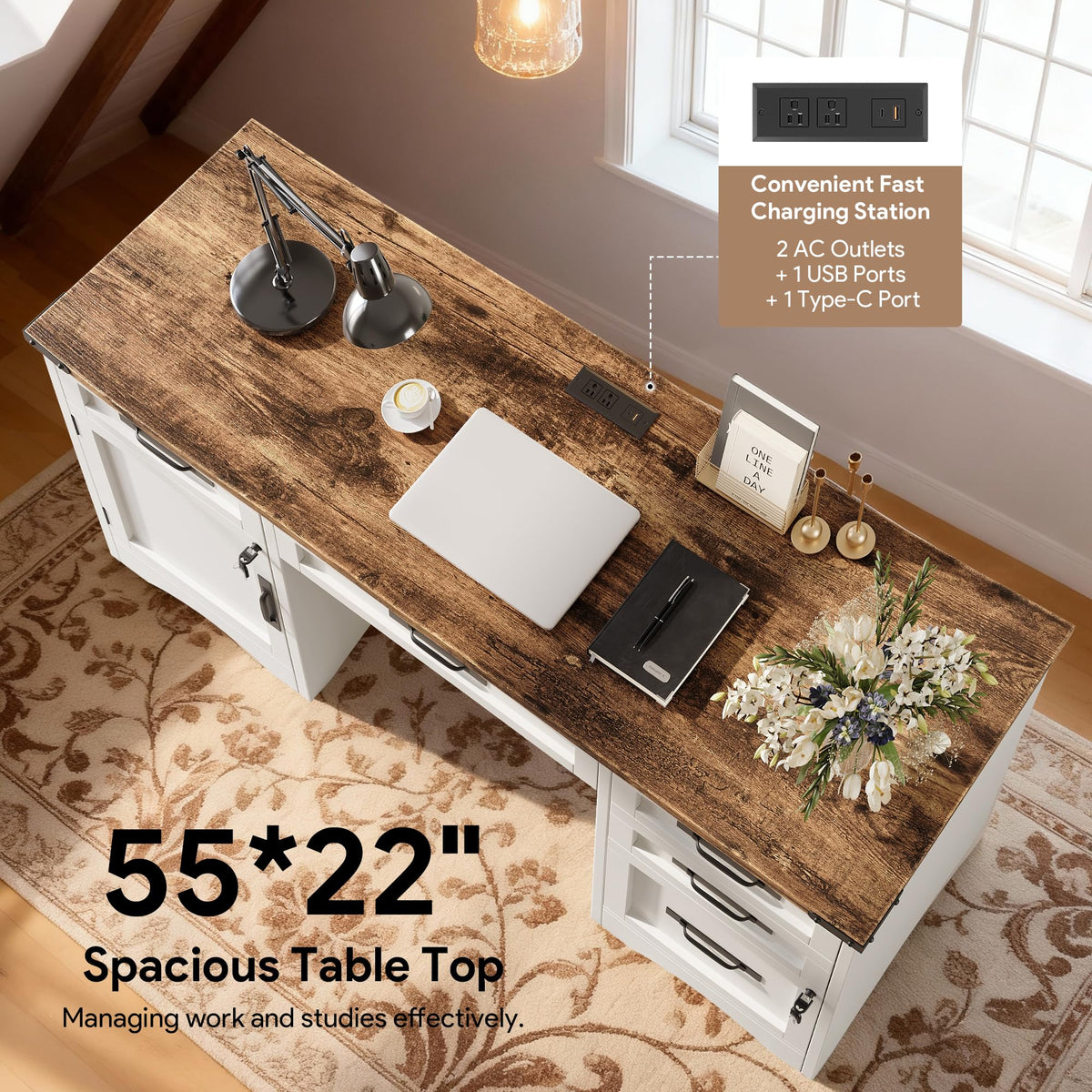 White Wood Executive Desk with Drawers and File Cabinet E764