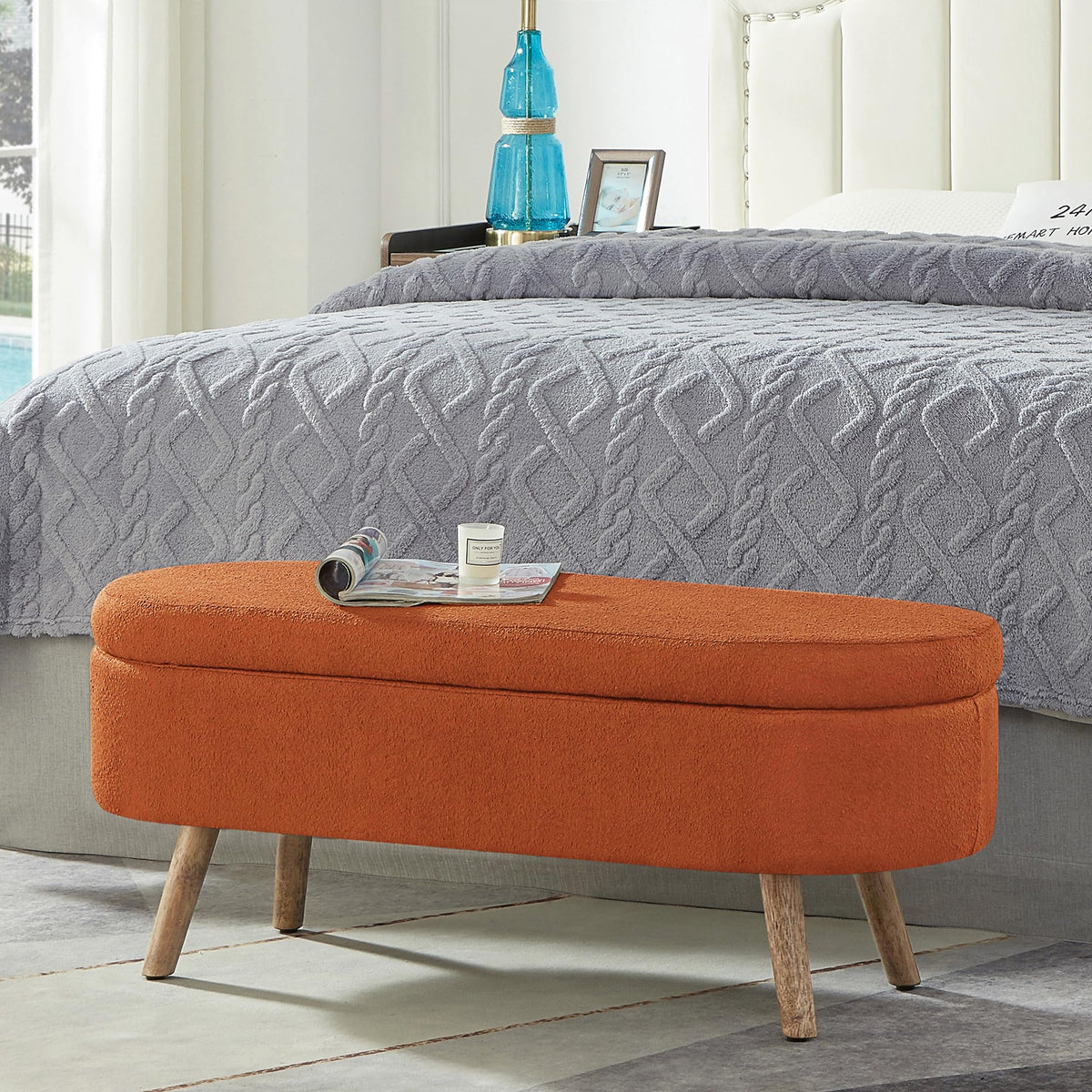 42" Oval Boucle Tufted Storage Ottoman Bench with Solid Wood Legs Q923306