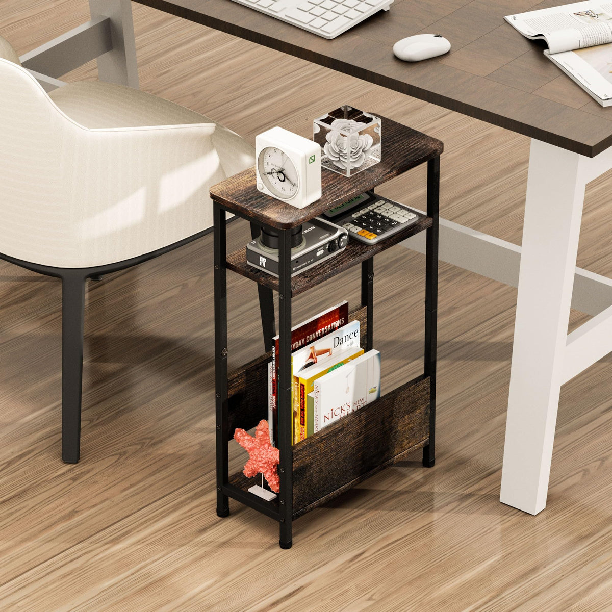 7.1" Narrow 3 Tier Side Table with Magazine Holder Q106