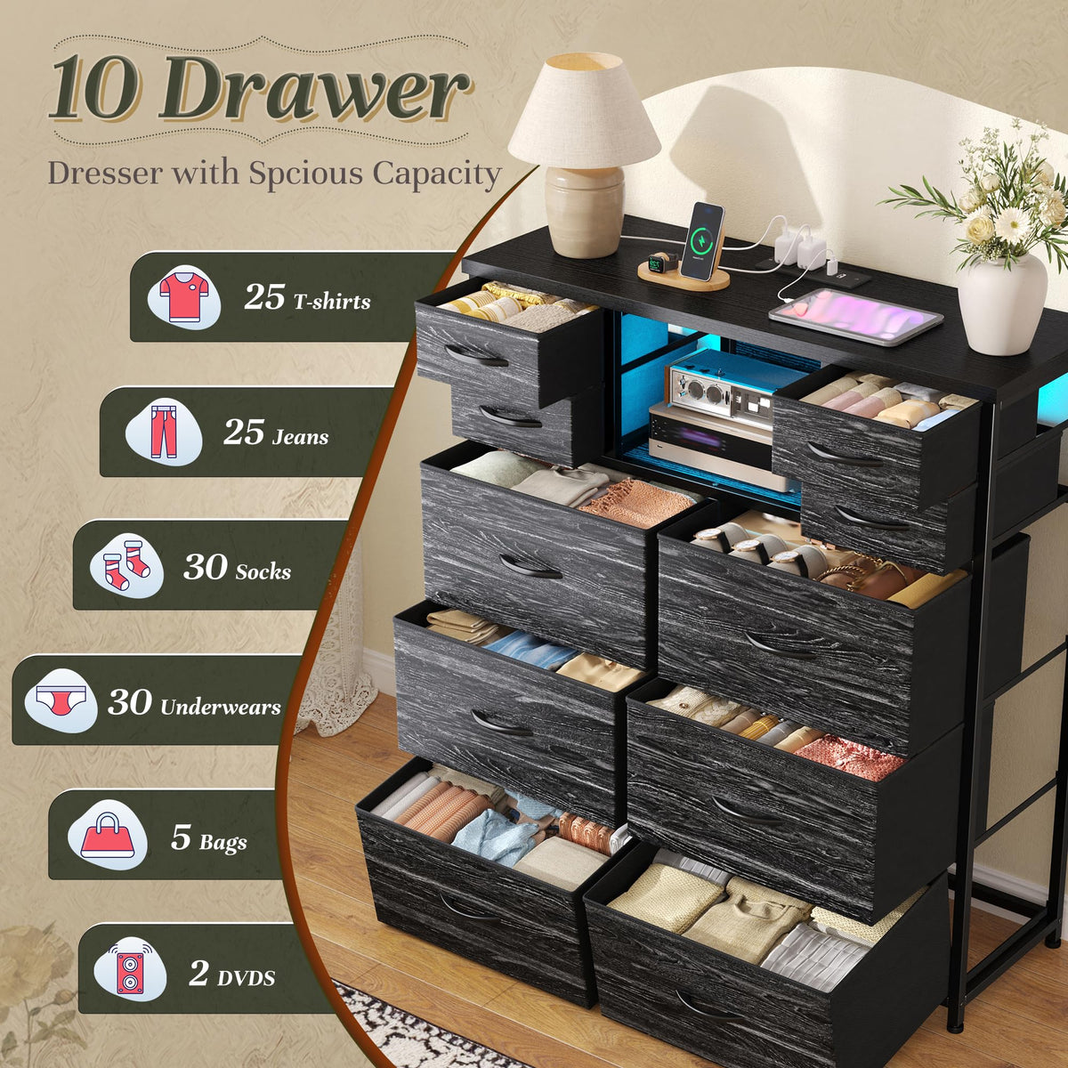 Black 10 Drawer Dresser with Charging Station I913